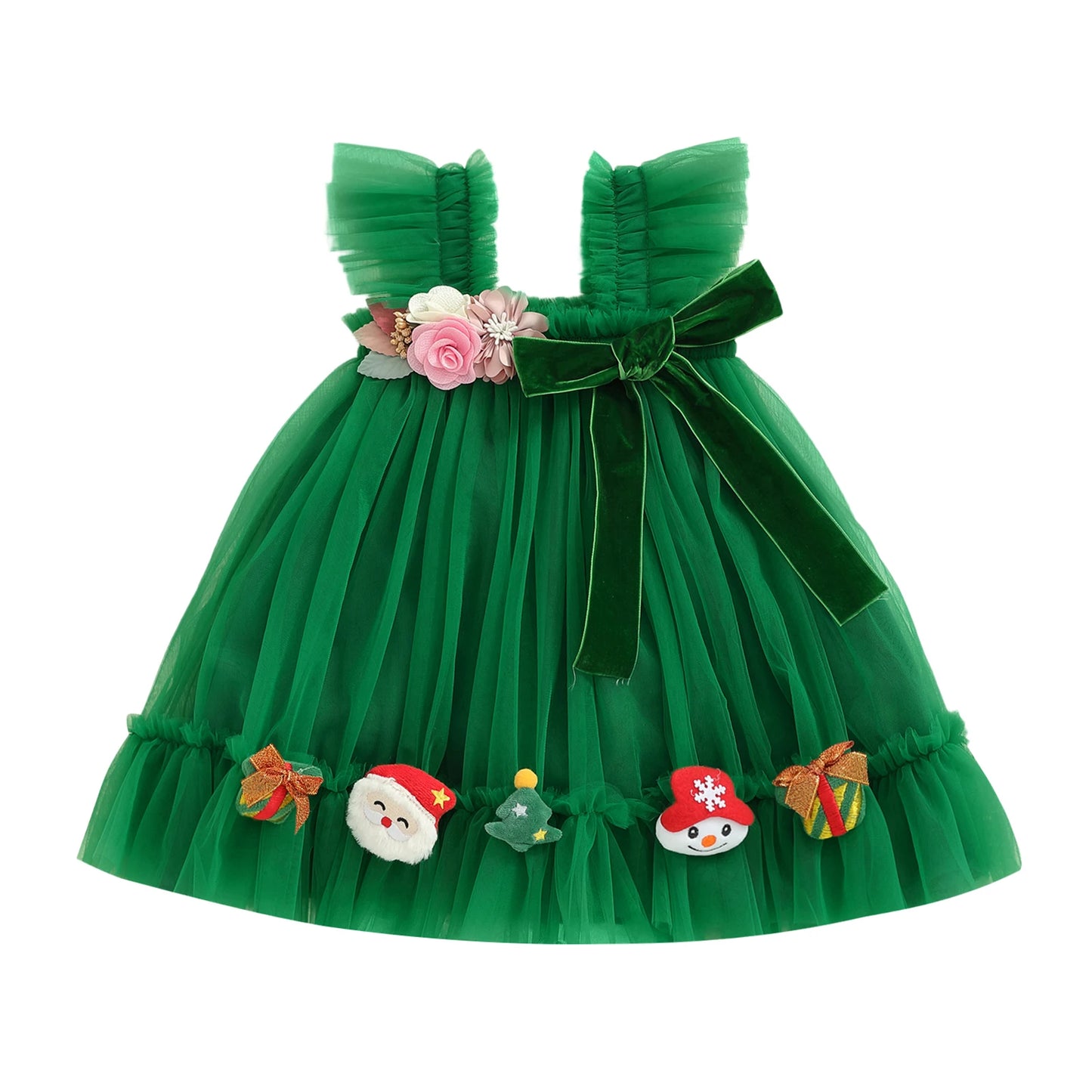 Toddler Girl Holiday Tulle Dress With 3D Flowers Santa Bow