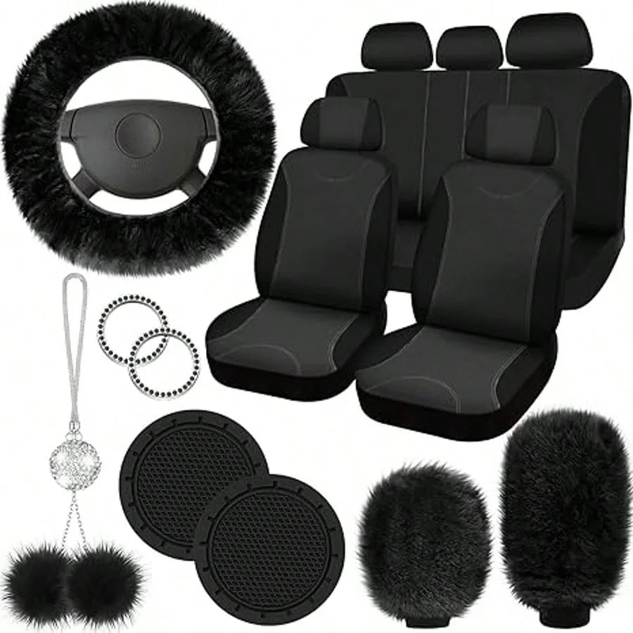 17pcs Car Seat Cover Full Set for Women Universal Fit Car Front Rear Fluffy Steering Wheel Fleece Handbrake Shift Covers Hanging Accessory Holder Ring Emblem (Rose Red Black), Car Seat Cover Full Set