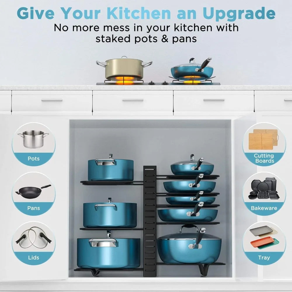 Pots and Pans Organizer for Cabinet Tier Pot Organizers Rack with 3 DIY Methods, Adjustable Pan Organizer Kitchen Organization