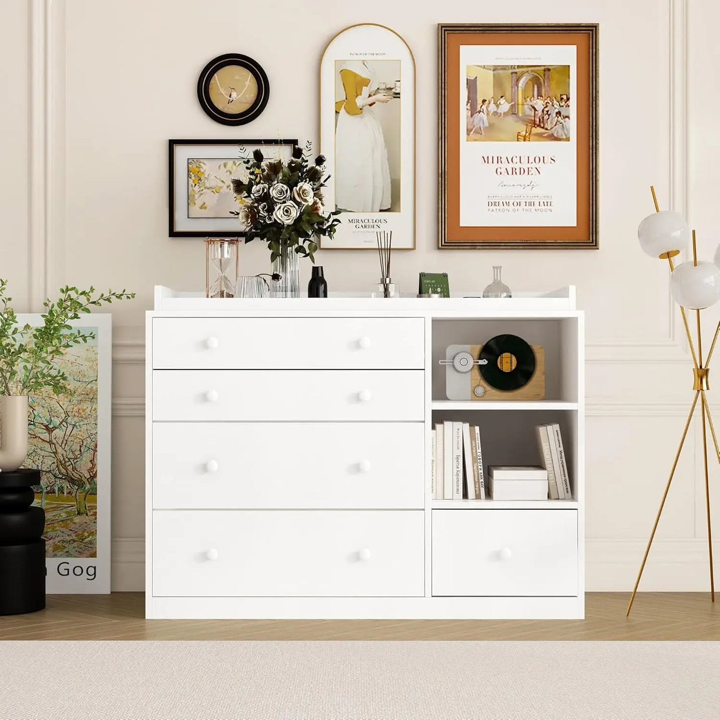 Changing Table Dresser For Nursery White With 5 Drawers And 2 Shelves Multi Functional Baby Changing Station