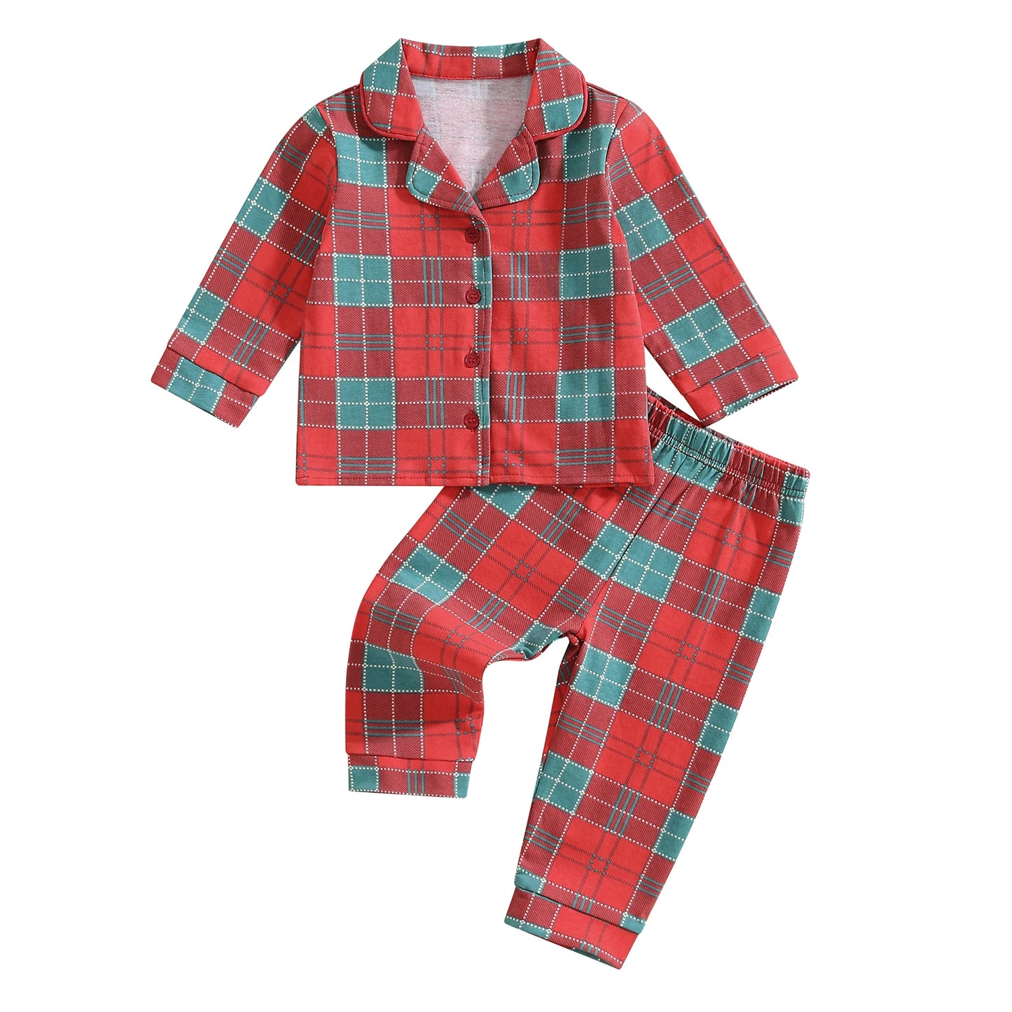 Child Autumn Checkered Pattern Pajama Set With Long Sleeve Lapel Collar Button Down Top And Matching Pants For Cozy