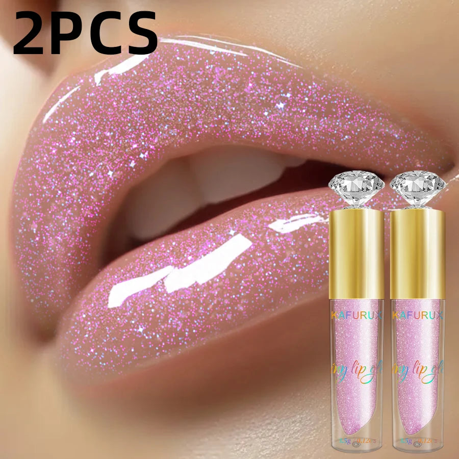 2pcs Moisturizing Diamond Shimmer Glitter Lip Gloss Set Korean Makeup Sparkling Glitter Liquid Lipstick Pearl Lip Gloss Sexy Lip Oil Sexy Pink Cosmetic for Women Gifts