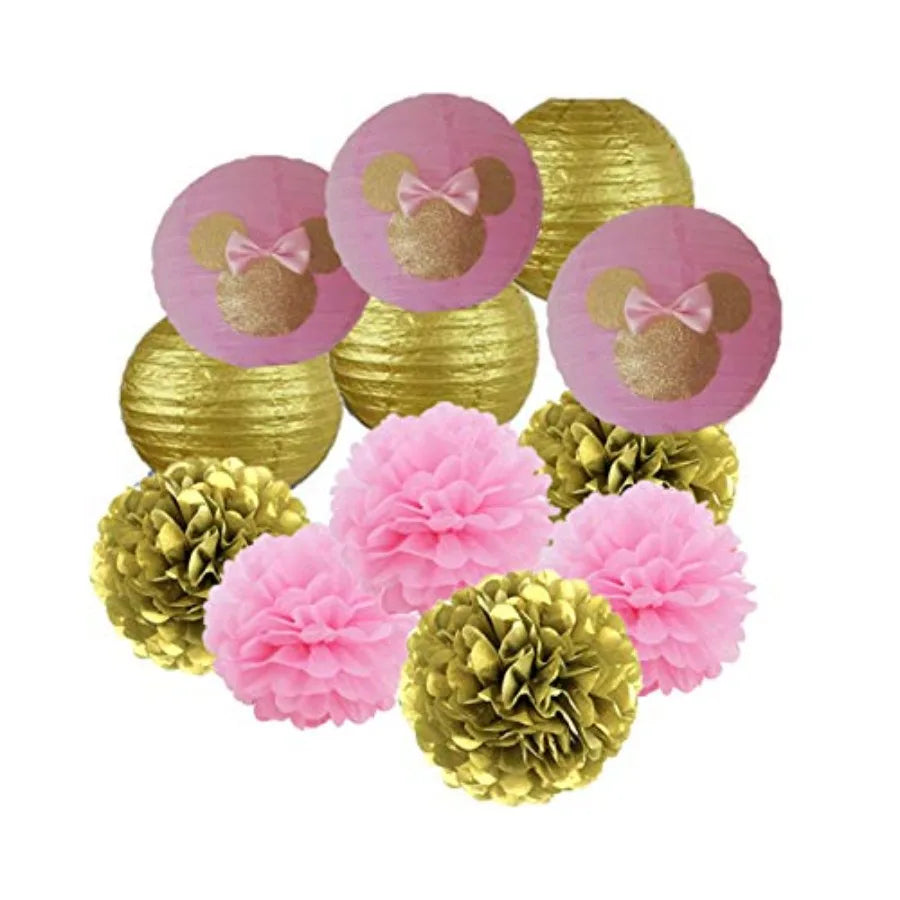 12pcs Pink and Gold Glitter Minnie Paper Flowers Pom Poms Balls and Paper Lanterns, pink and gold Minnie birthday decorations,