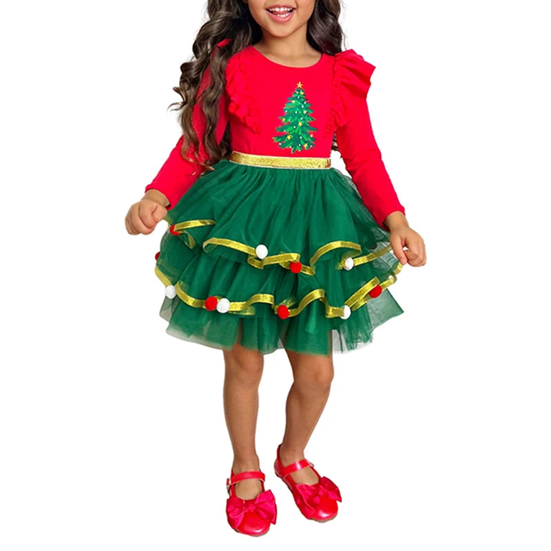 Kids Santa Claus Costume Round Neck Long Sleeve Dress