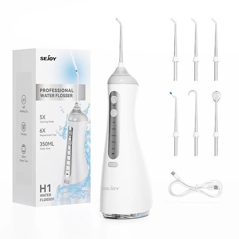 Sejoy Cordless Oral Irrigator Water Flosser 6 Cleaning Modes 350ml Tank IPX7 Waterproof for Home Travel
