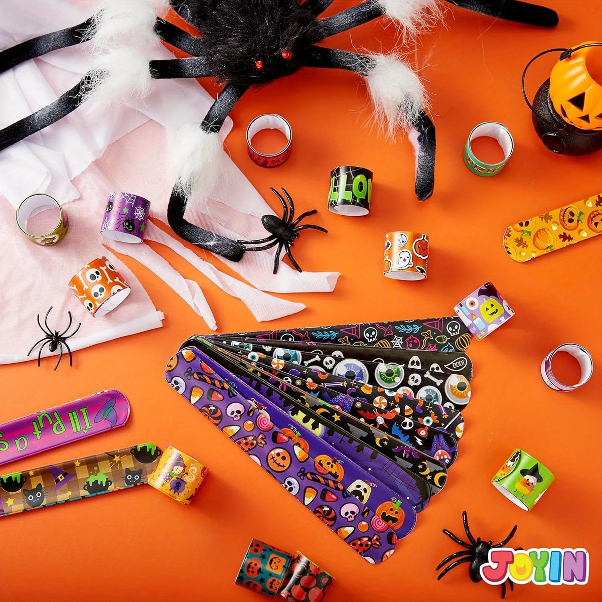 100 PCS Halloween Slap Bracelets for Kids, Halloween Bracelets Bulk for Girls Boys Gifts, Friendship Bracelets Snap Bracelets for Halloween Party Favors Goodie Bag Fillers