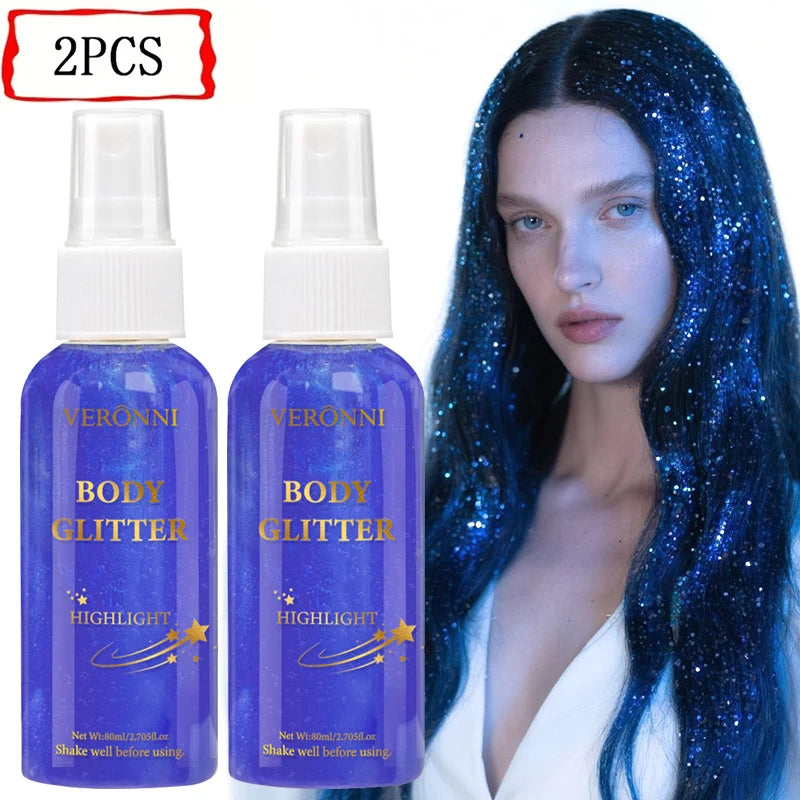 2Pcs VERONNI Body Glitter Spray, Shimmer Highlighter Mist for Hair Face Body, Long Lasting Sparkle Makeup Spray for Party Festival