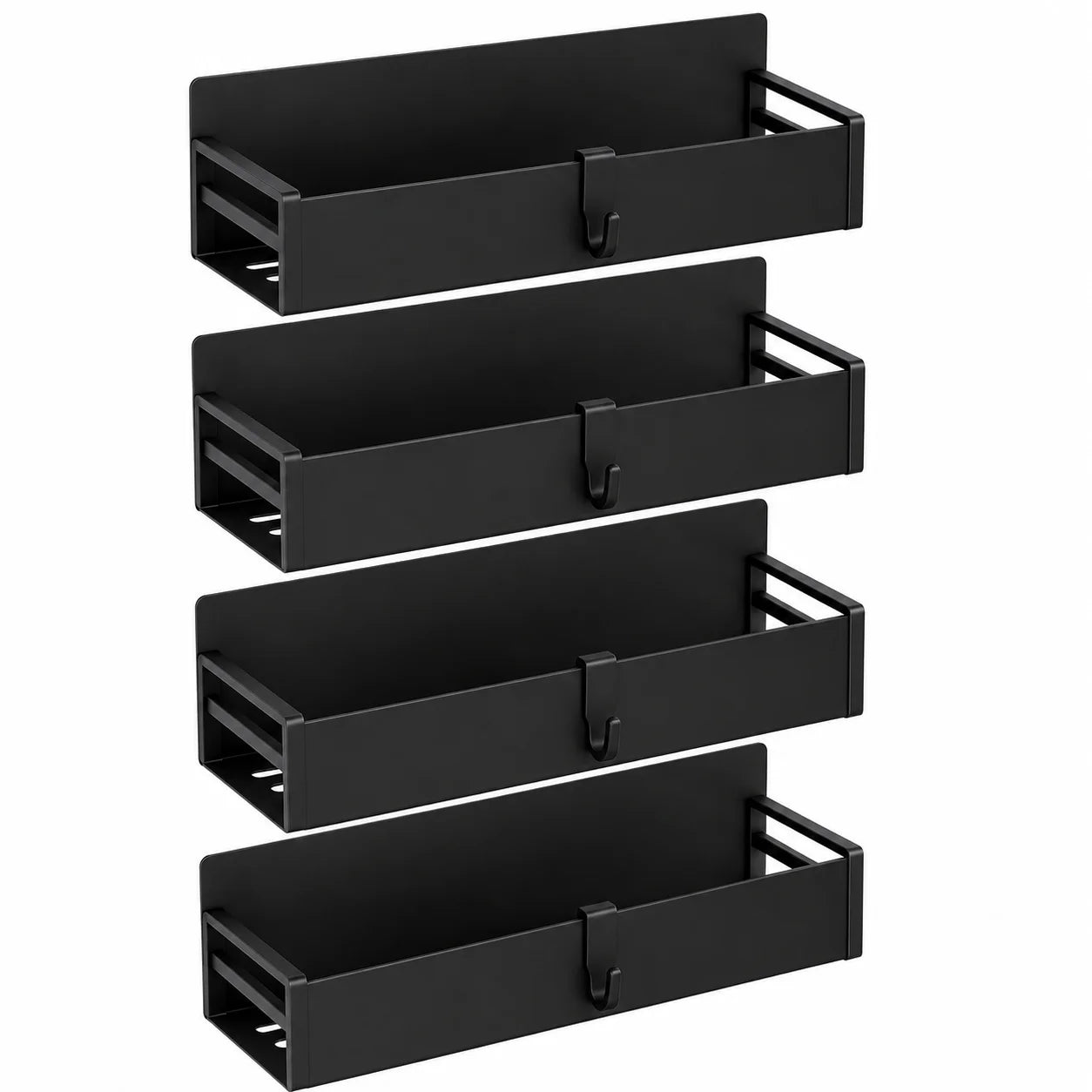 4 Pack Magnetic Spice Rack for Refrigerator, 2 Large & 2 Small Metal Fridge Side Organizer Shelves with Hooks, No Drilling Kitchen Storage Rack