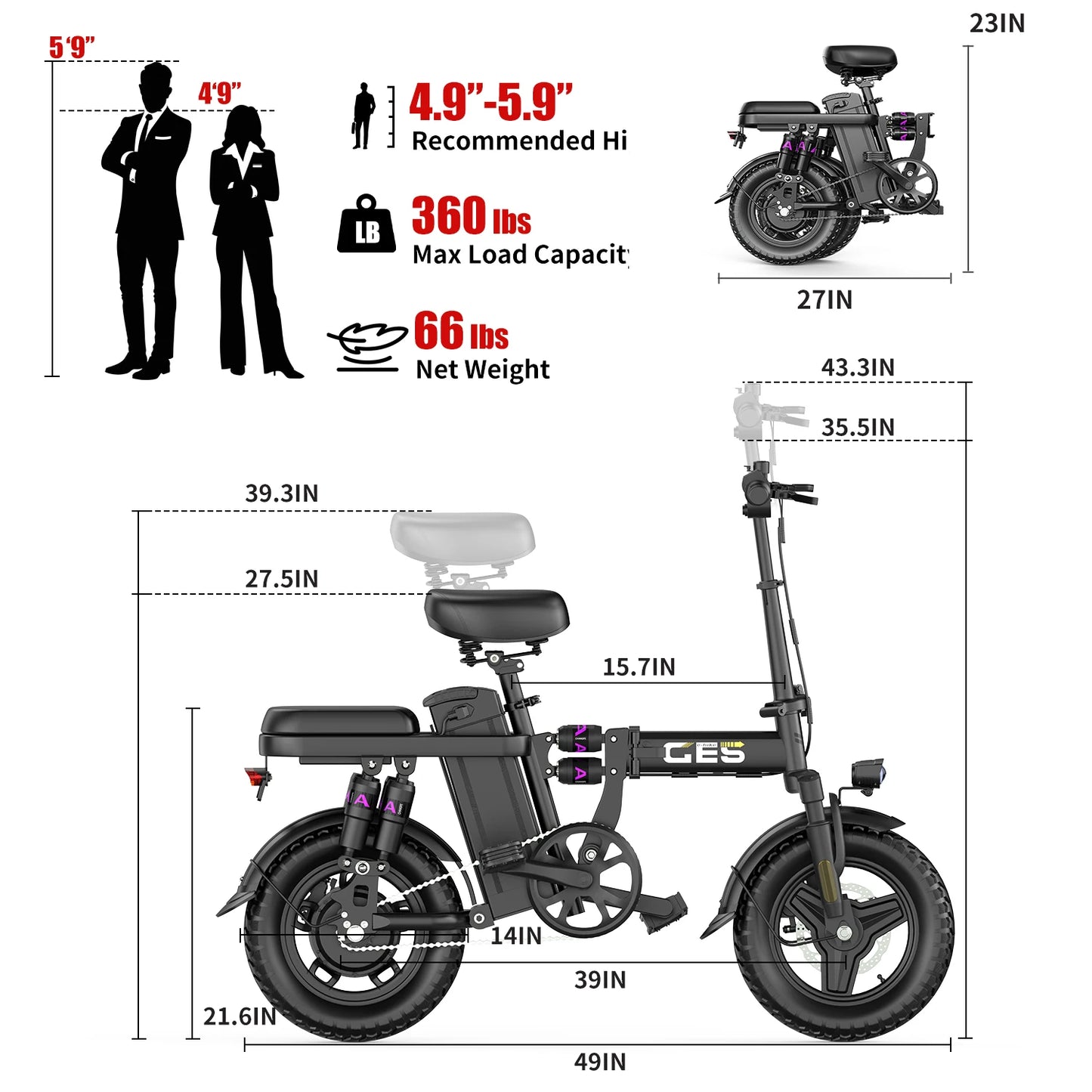 UPlee GE5 Electric Folding Bike 500W Motor Removable Battery