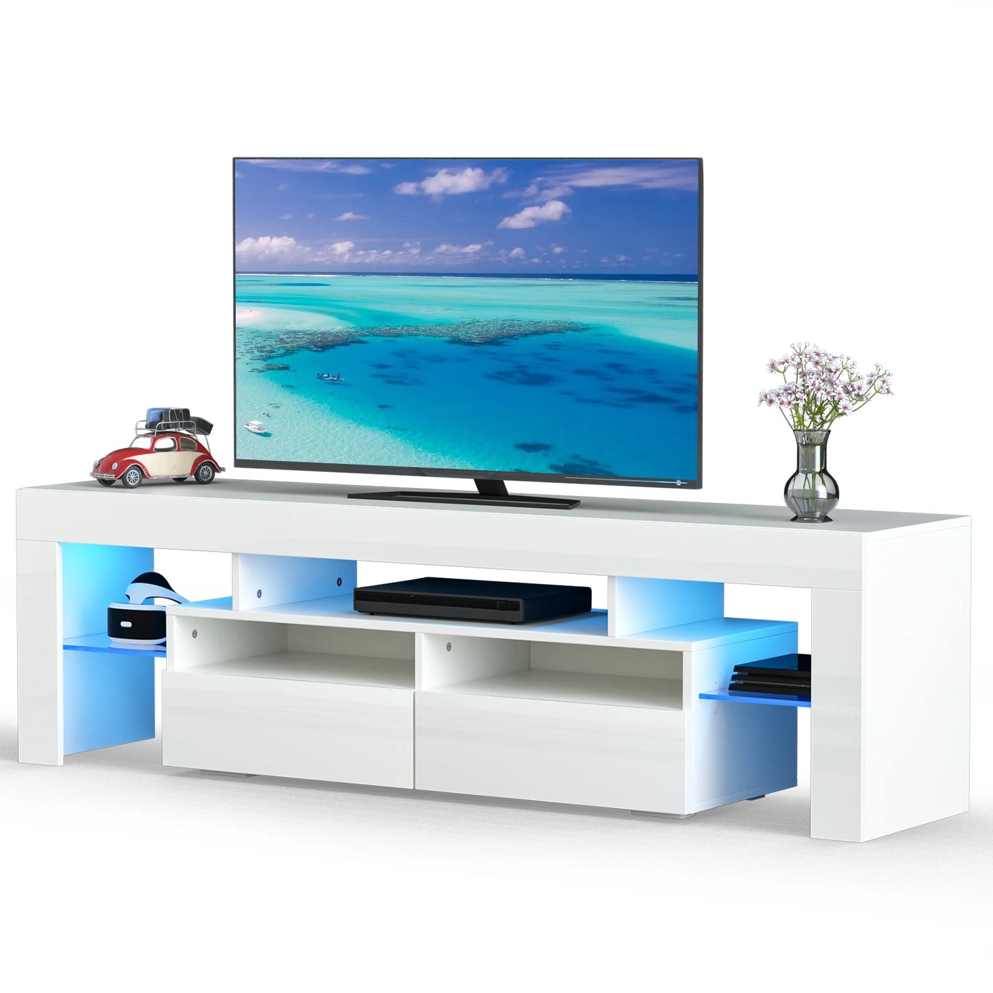 LED TV Stand for Living Room with 20 Color LED Lights and Storage Shelf High Gloss Cabinet with Large Drawers