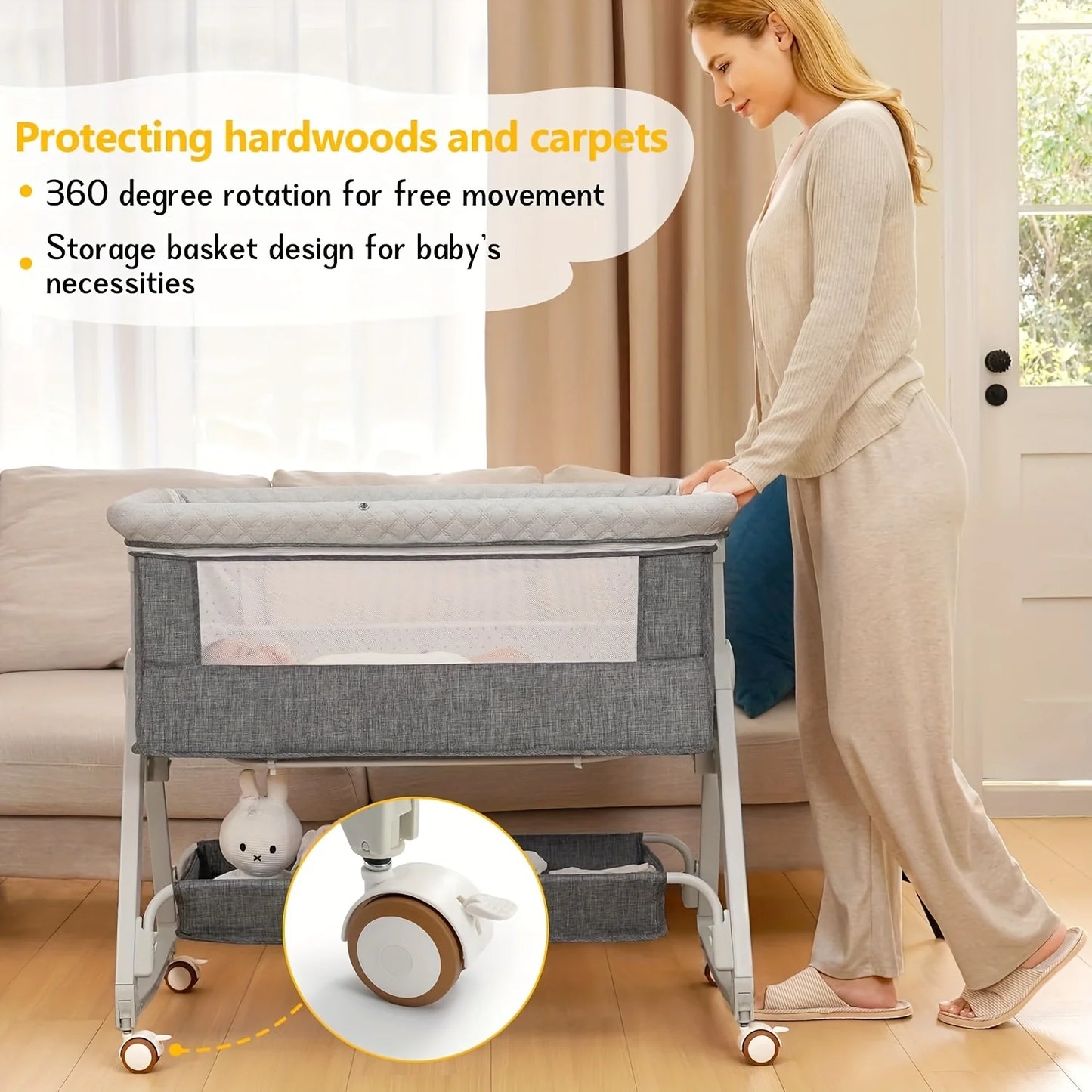 Three In One Bedside Baby Bassinet On Wheels Portable Crib