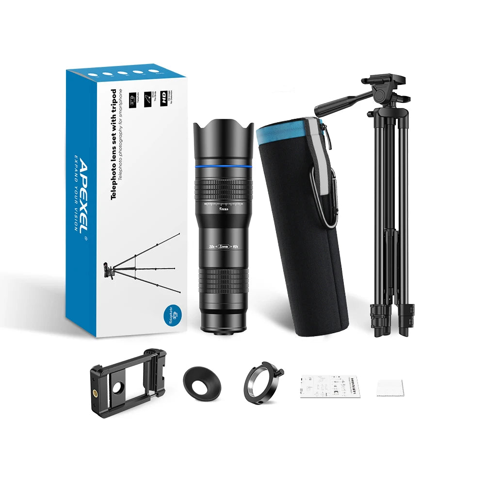 APEXEL HD Metal 20 To 40x Zoom Telephoto Lens For Phone Camera With Extendable Tripod For Samsung iPhone All Smartphones