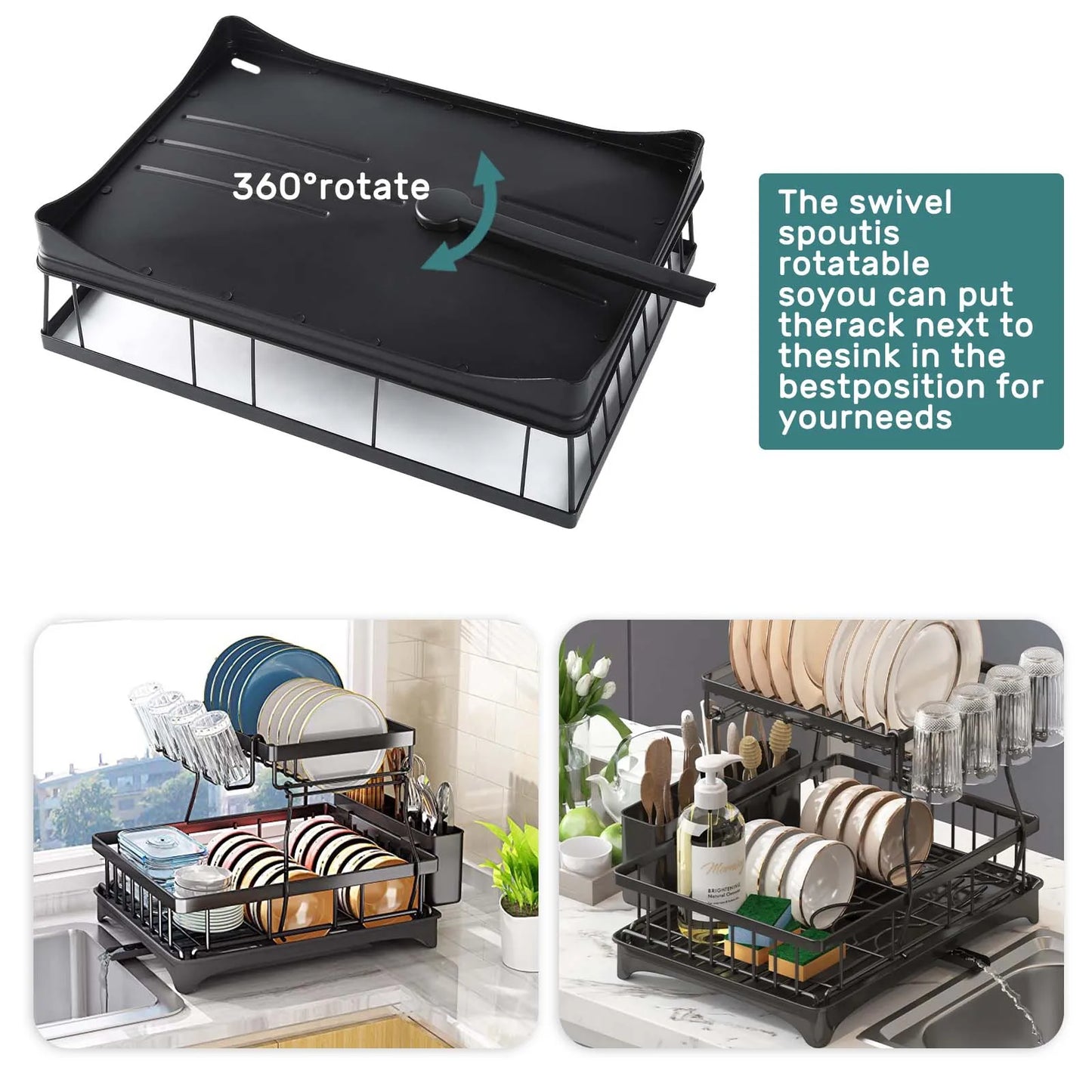 Removable 2-Tier Metal Dish Drying Rack for Kitchen Countertop
