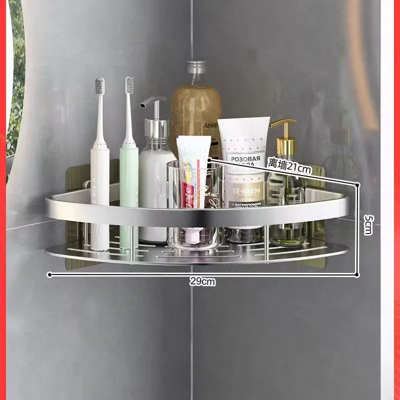 Bathroom Shelf & Kitchen Storage Organizer – Aluminum Alloy Shampoo Rack, Shower Shelf, No Drill Toilet & Bath Accessories.