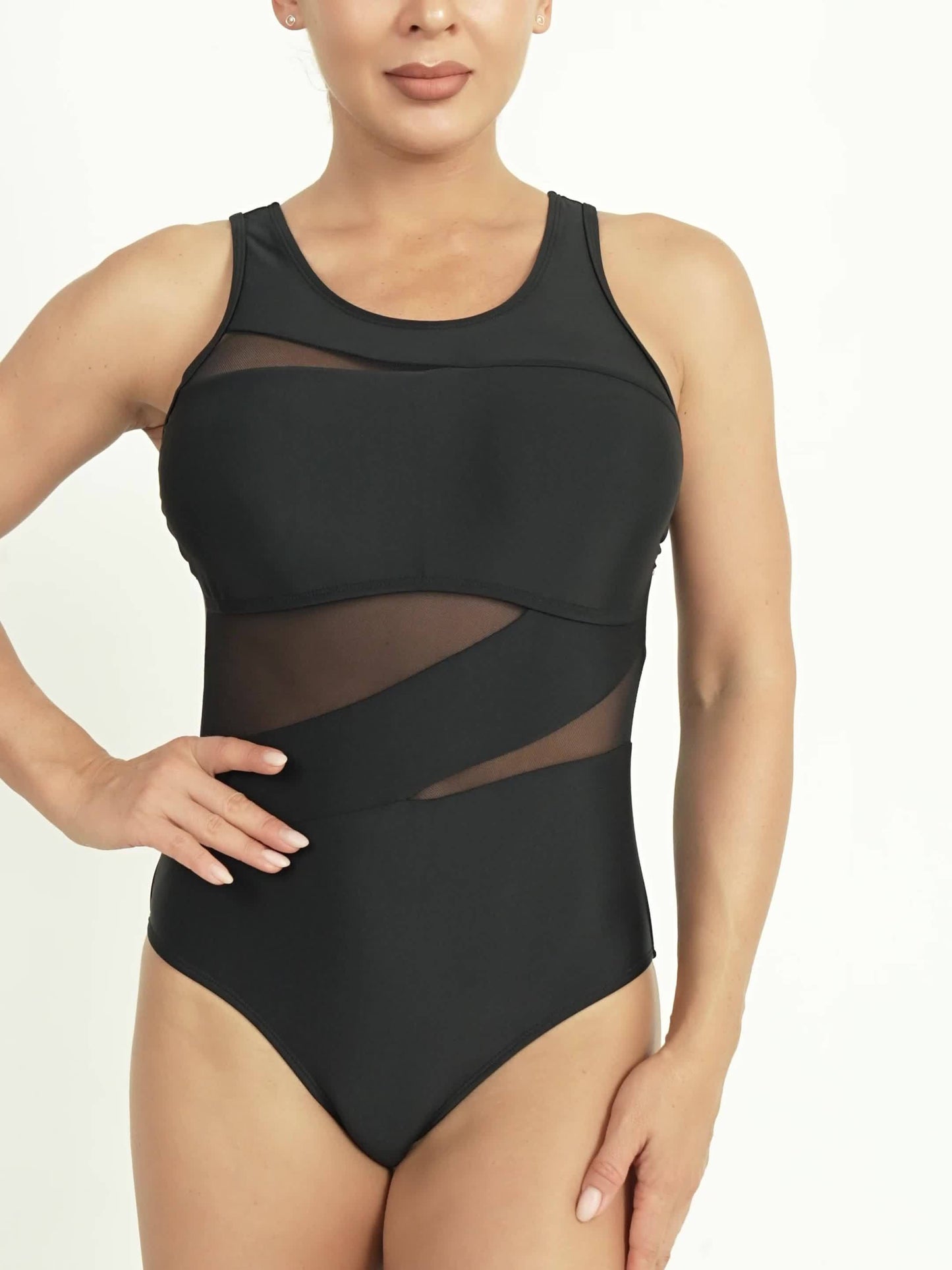 JSW Women'S Sexy Double Shoulder One-Piece Swimsuit - Perforated Mesh Patchwork, Removable Chest Pads, High Elasticity & Machine Washable - Elegant Solid Black for Beach & Pool, Poolside Attire, Sensual Swimwear, Semitranspar