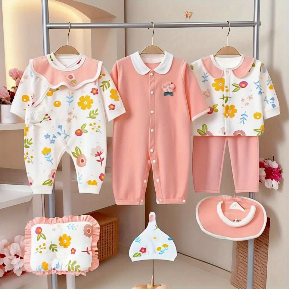 Baby Girl Clothes + Newborn Daily Necessities Complete Set, Total 22pcs, 3 Sets Of Clothes + Hat + Bib + Pillow + Hand And Foot Covers + Bibs, Baby Items, Baby Full Moon Autumn Long Sleeve Suit, Baby Romper, Local Warehouse,