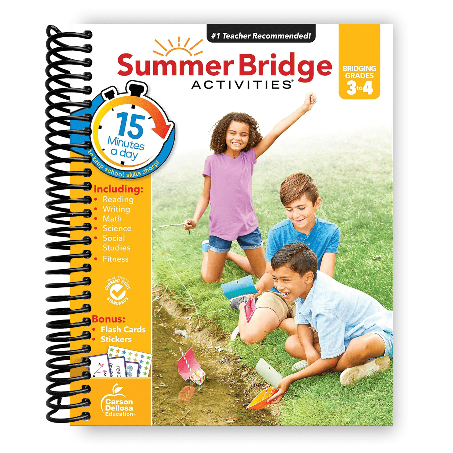 Summer Bridge Activities 3rd to 4th Grade Workbook, Math, Reading Comprehension, Writing, Science, Social Studies, Fitness Summer Learning Activities, 4th Grade Workbooks All Subjects With Flash Cards (Spiral Bound)