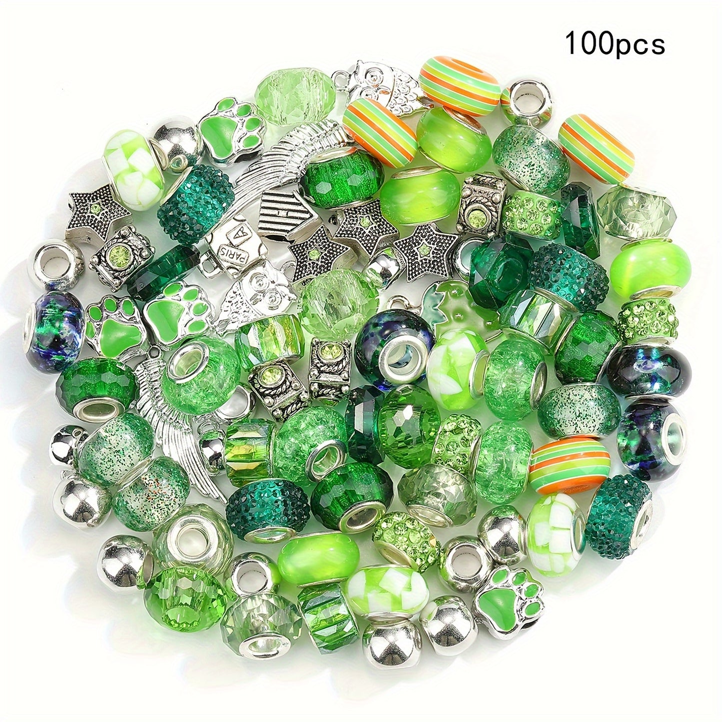100 Pcs Large Hole Acrylic and Alloy Bead Set with Flowers Hearts Stars Bows Charms Rainbow Colors for Jewelry Making