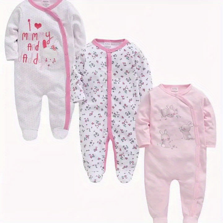 3pcs Baby Girl Cute Pink One-piece Jumpsuit Soft Long Sleeve Footed Romper Cartoon Bunny Rabbit Floral Print Newborn Girls' Overall Bodysuits Outfit Clothes for Infant Girl 0-12 Months, Perfect for Outdoor
