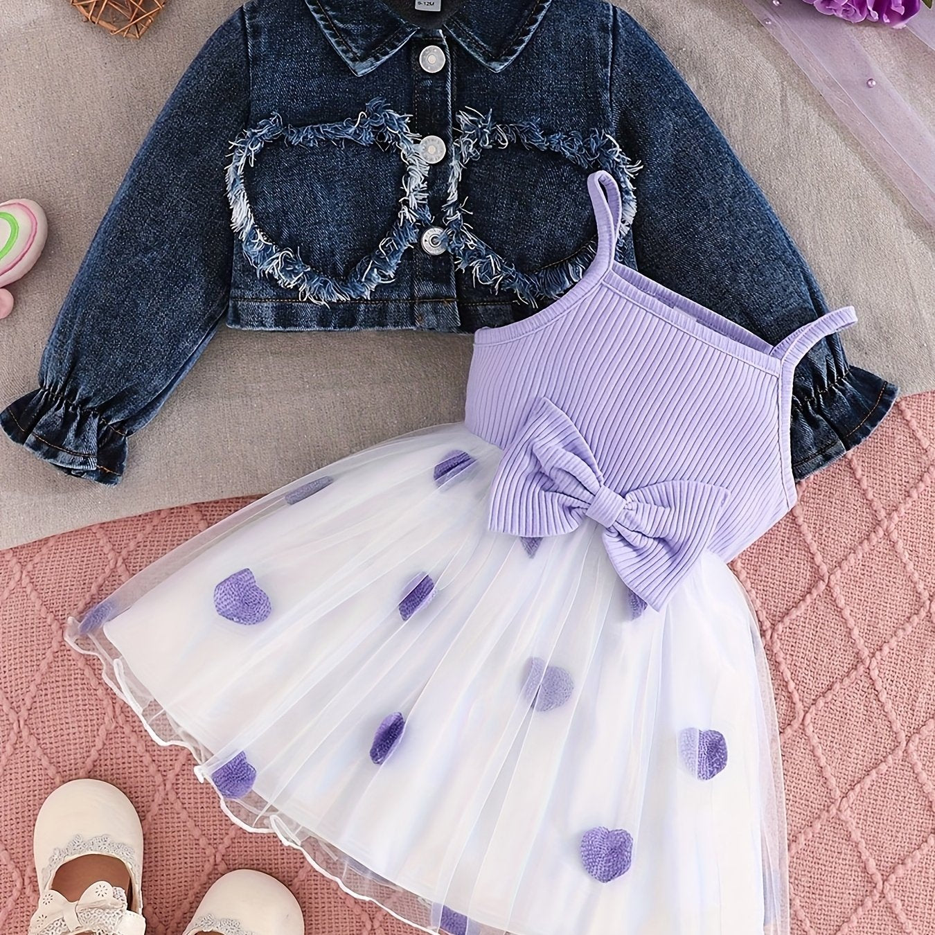 2pcs Toddler Girl Outfit | Stylish Blue Denim Jacket & Adorable Bow Skirt Set | Cozy Jacket with Button Front, Soft Flowy Skirt for Fall Birthday Party, Photoshoot, Casual Wear - Machine Washable Toddler Ensemble, Perfect for