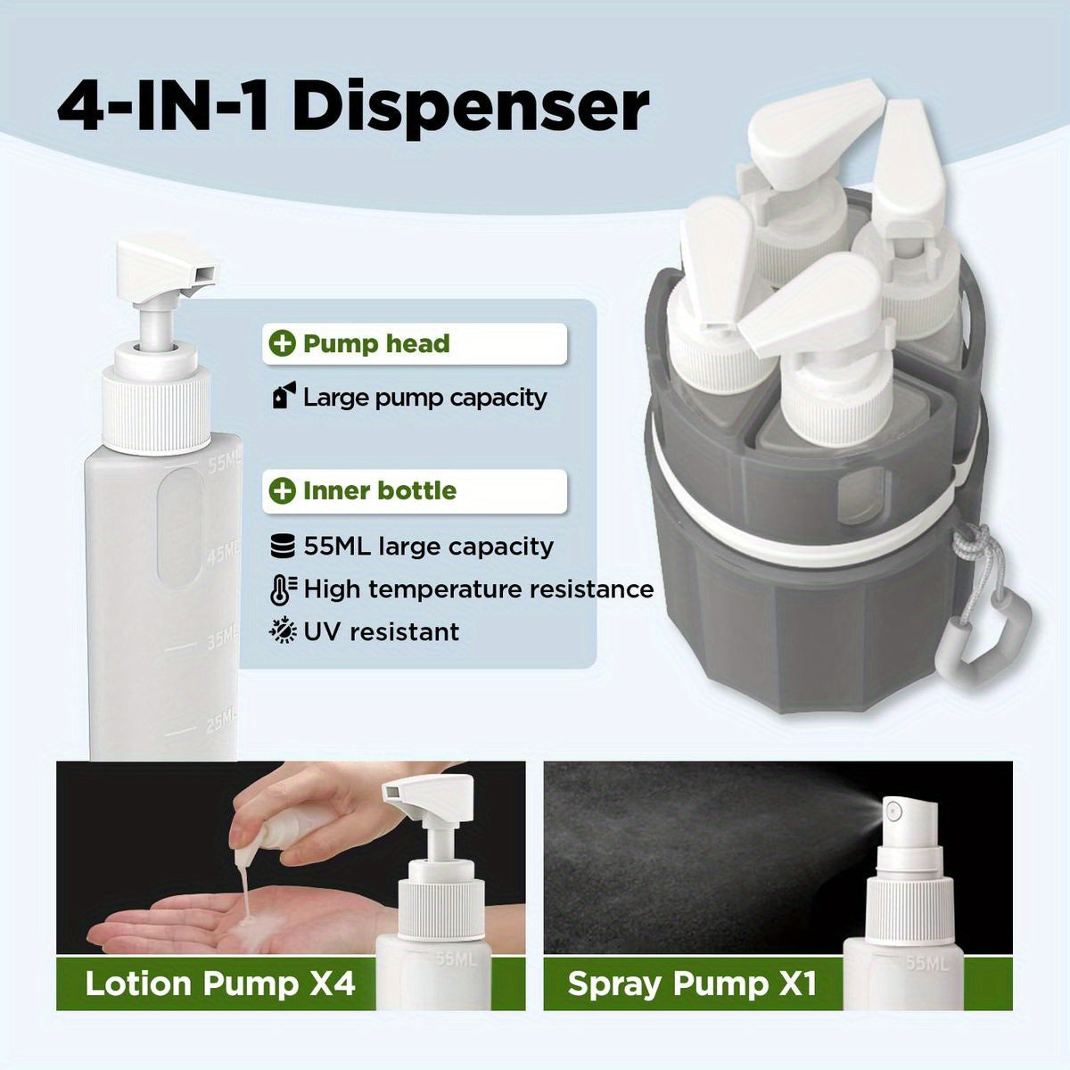 YOTIME 4in1 Travel Bottles Set, Vacuum Suction Cup for Smooth Walls, TSA Approved Leak Proof Travel Size Containers for Toiletries, Shampoo, Body Wash and Conditioner, Gray, Travel Toiletry Containers, Toiletry Organization,