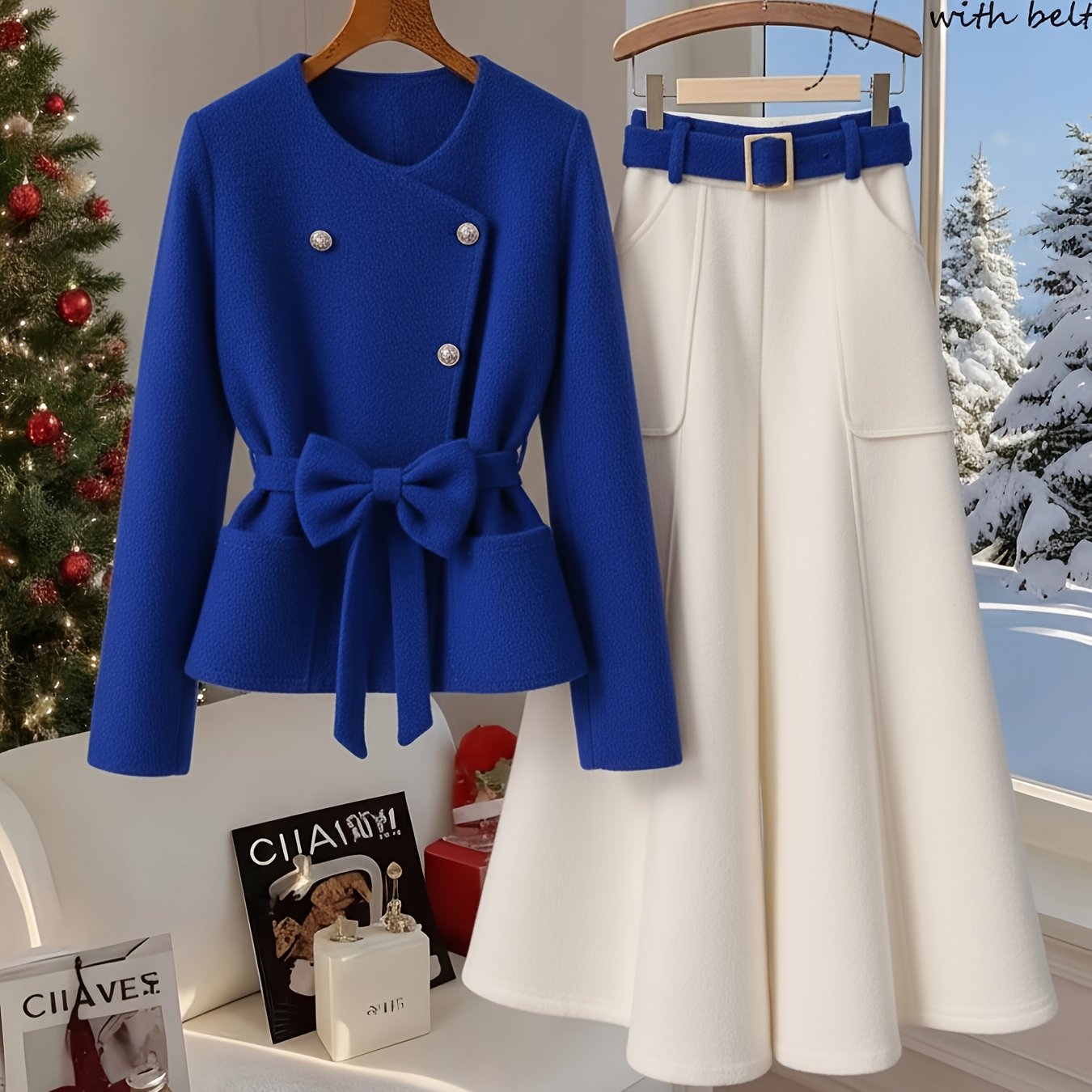 Women'S Two-piece Set (waist Cinching Jacket+wide Leg Skirt Pants, Bow And Waistband Design) | Suitable For Christmas Parties, New Year's, And Holiday Outings, Creating A Festive And Elegant Dressing Style