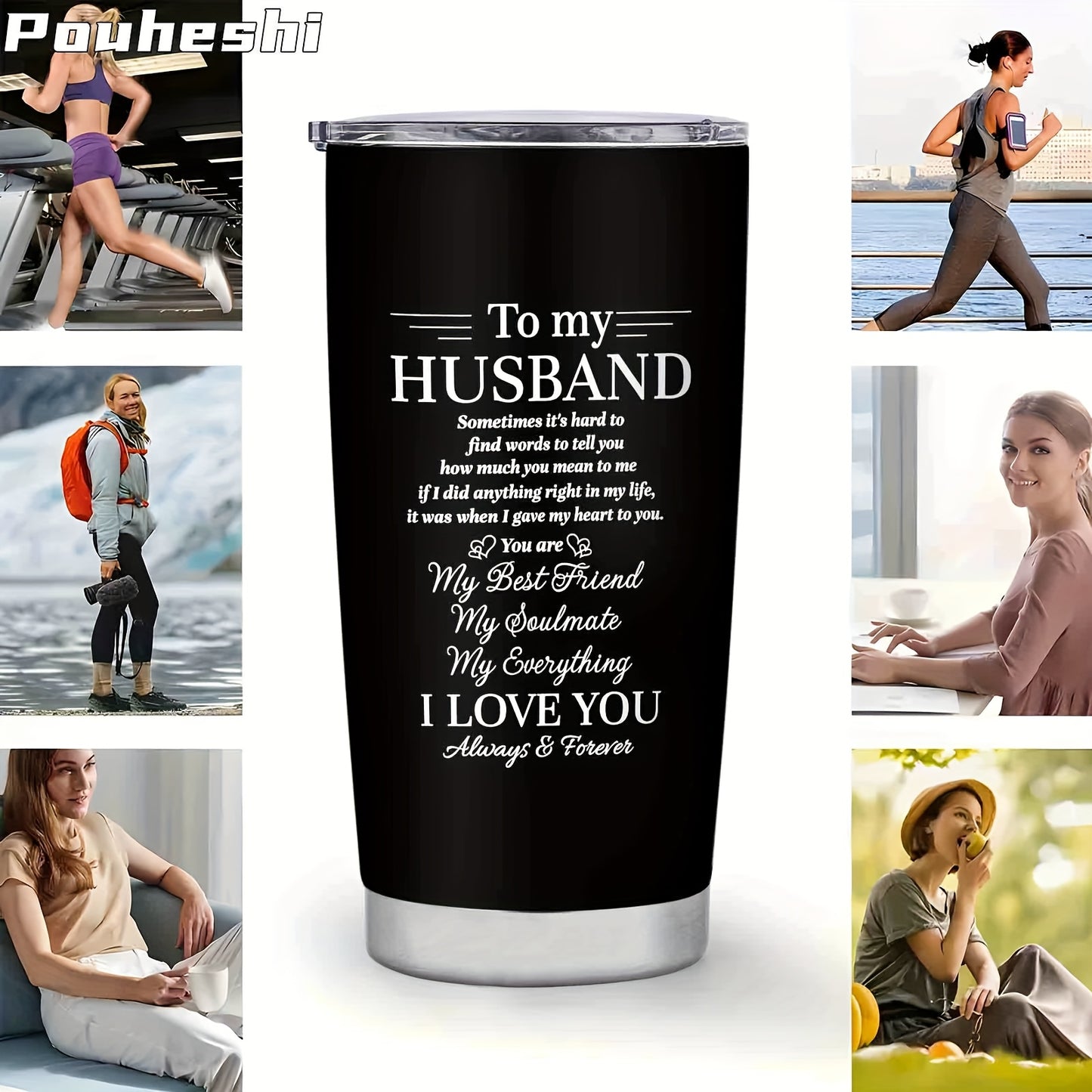 1pc 20oz Stainless Steel "to My Husband" Insulated Water Bottle with Sliding Lid & Straw - Double-Wall Vacuum Insulation, Leak-Proof, -Slip Grip, Message Engravable - Reusable Gift for Husband, Christmas, Anniversary, Valenti