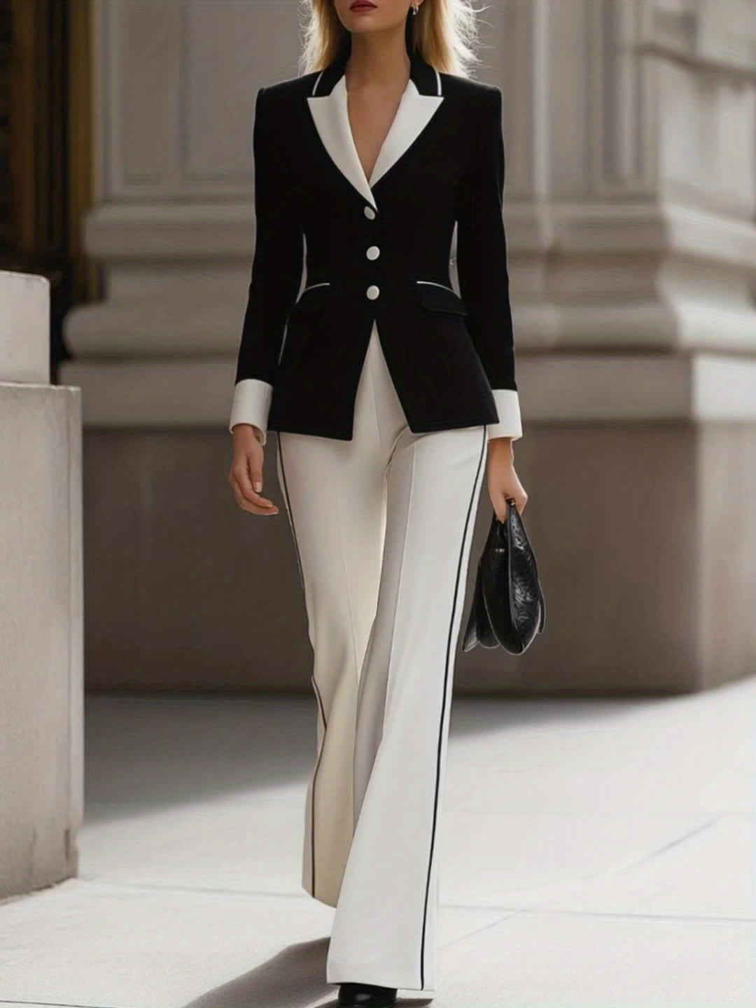 Sophisticated Black And White Suit Ensemble for Fall And Winter, Featuring a Blazer with a Contrasting Collar And Flared Pants, Ideal for Professional Gatherings.
