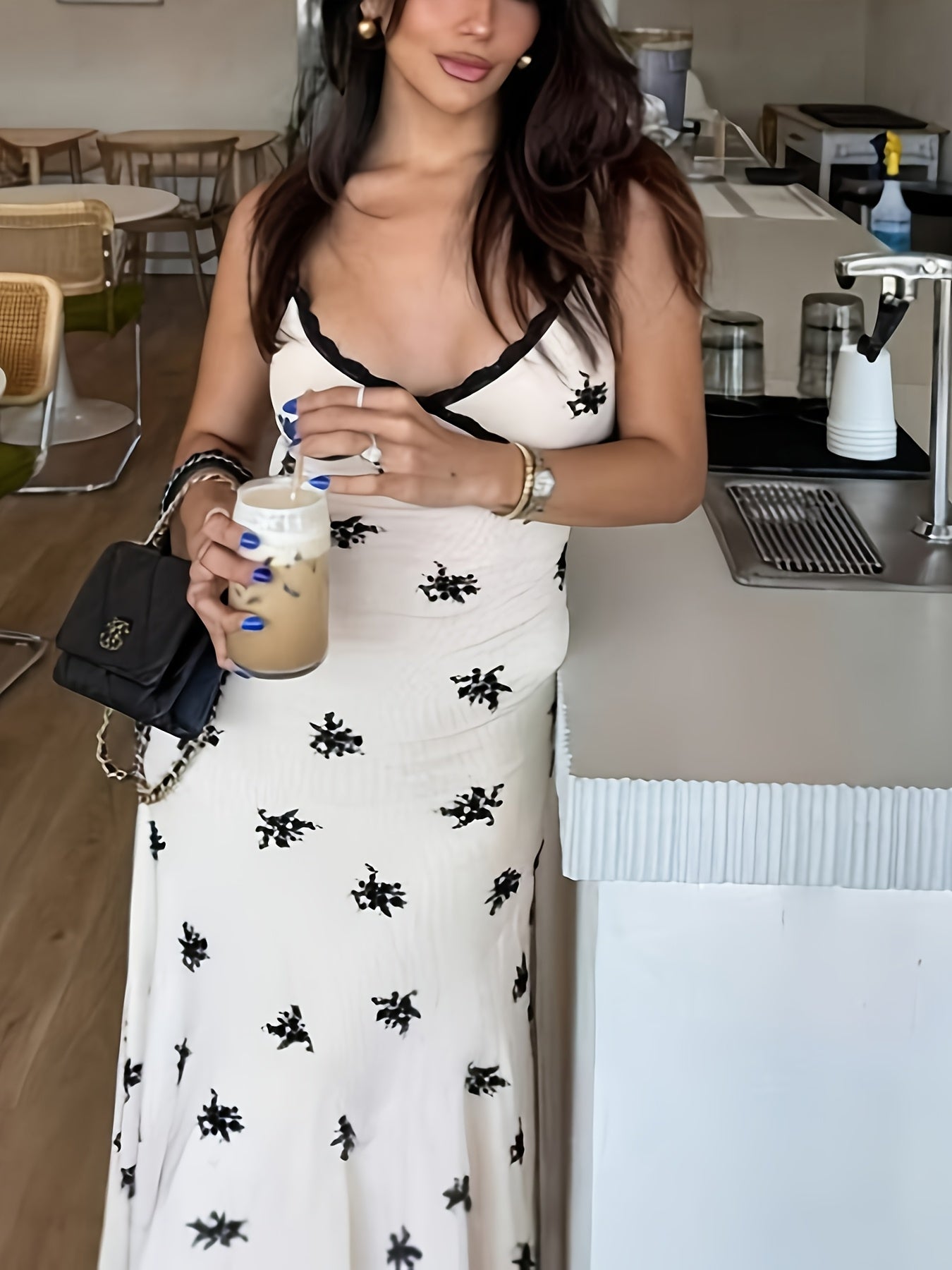 Apricot Floral Cami Dress Deep V Neck Lace Trim Slim Mermaid Midi Bodycon Fit Ditsy Floral Pattern Spring Summer