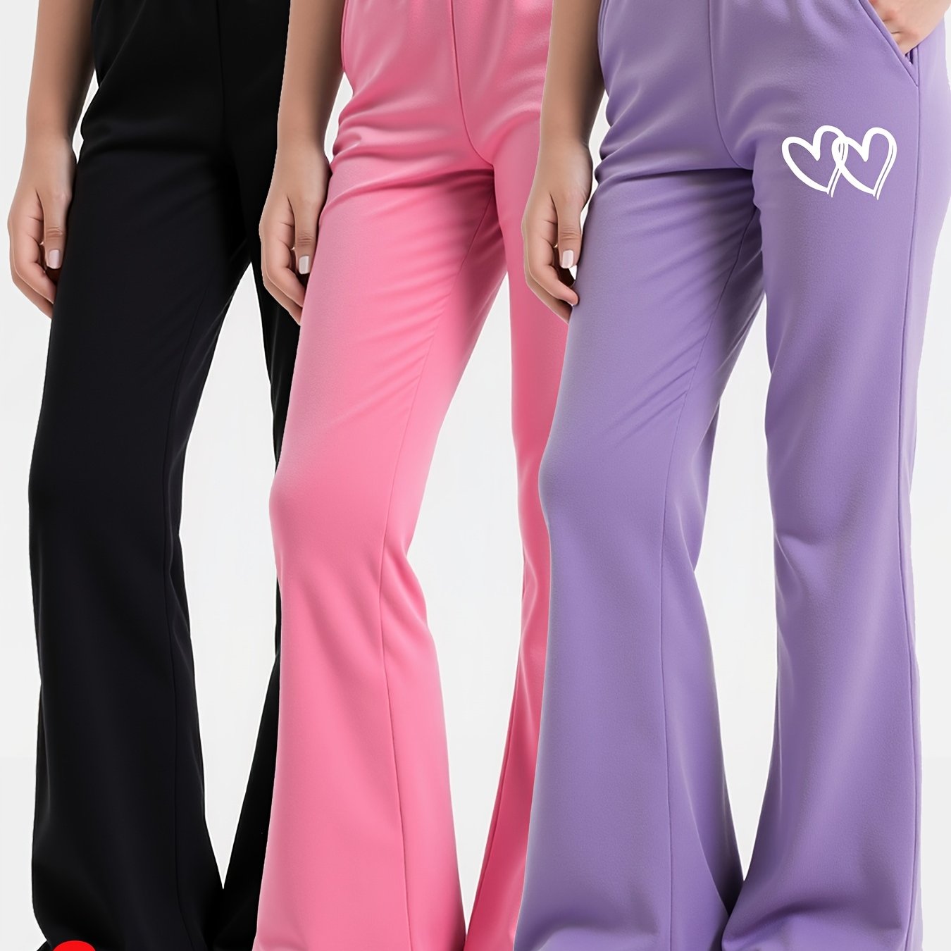 Three Piece Set Girls Flared Pants With Heart Design And Fleece Lining
