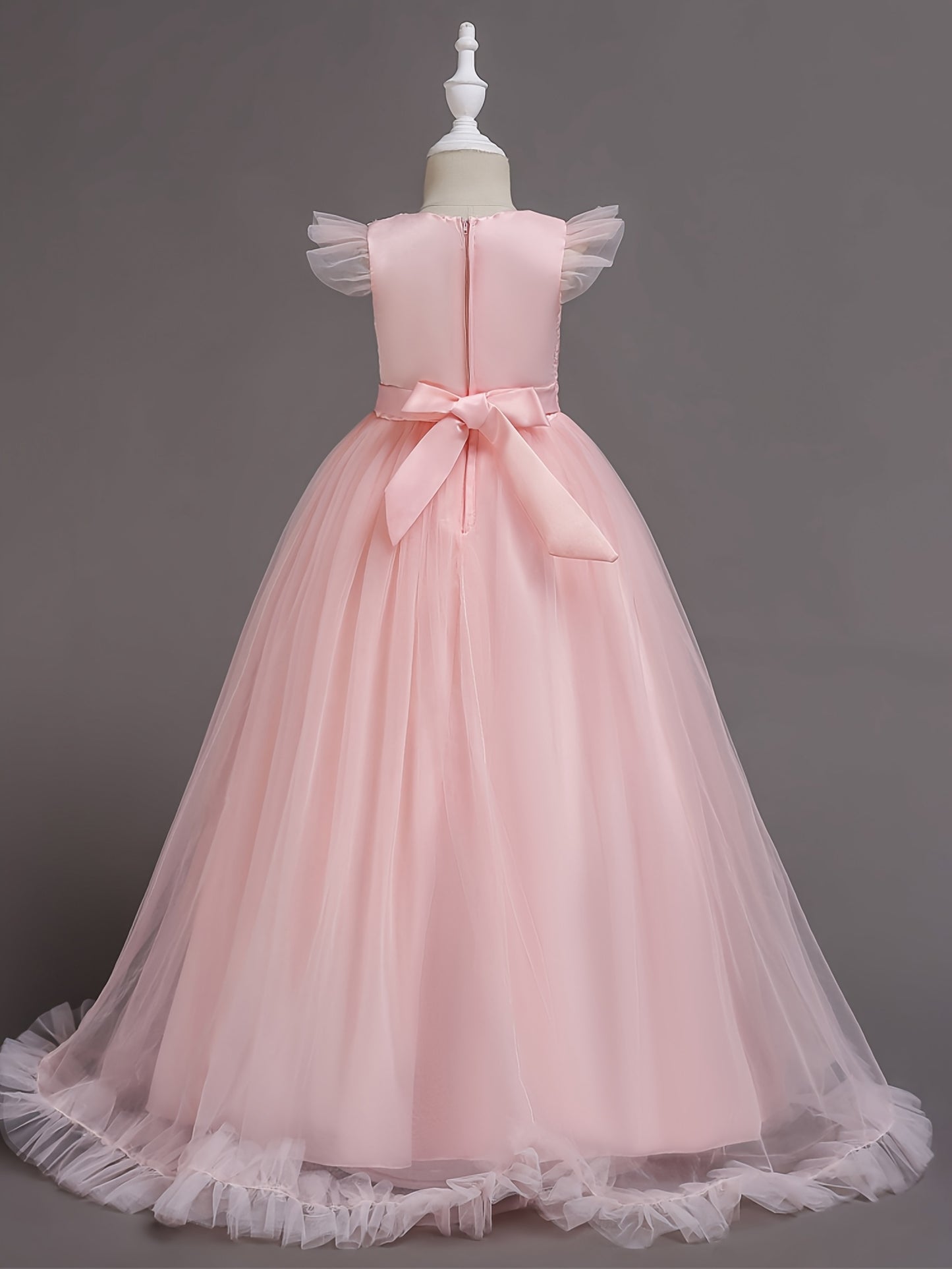 Girls Princess Style Tulle Ballgown Dress With 3D Floral Embroidered Bodice
