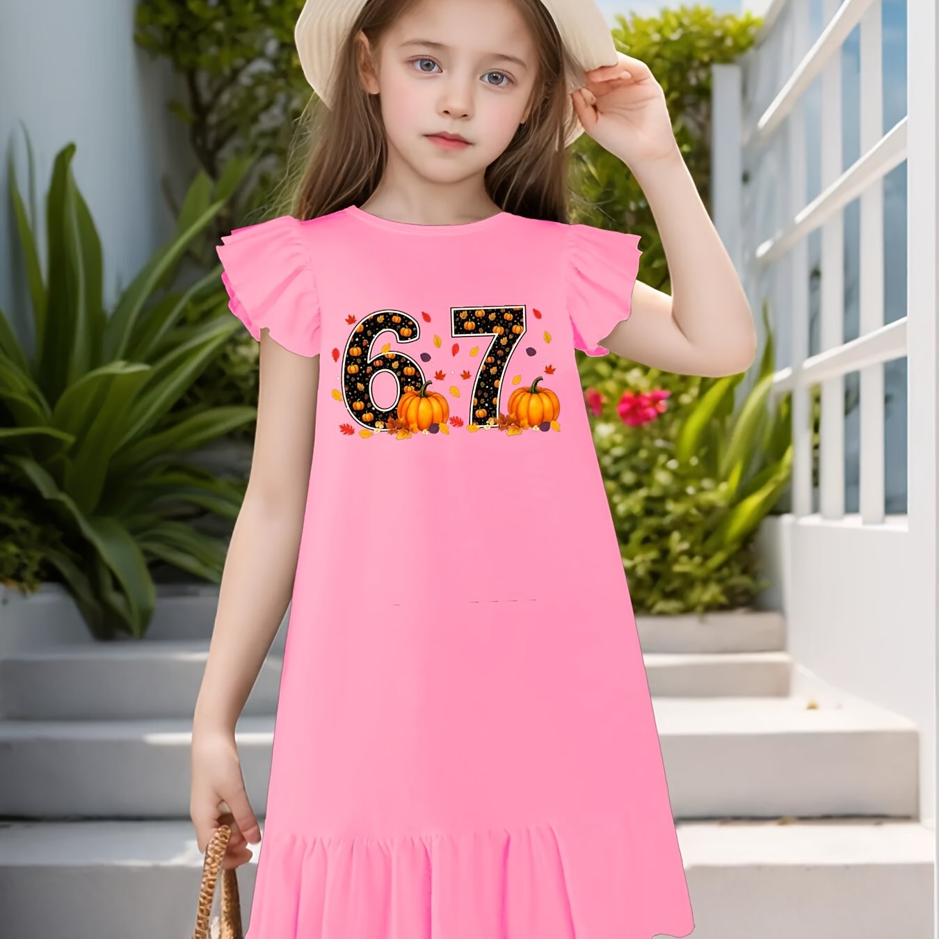 Girls Over 3 Years Sleeveless Flutter Sleeve Dress 67 Meme Detail Elastic Midsection Machine Washable Party Outfit