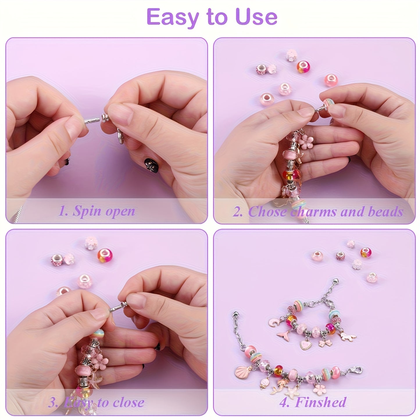 68 Piece Purple Bracelet Making Kit With Beads Heart Pendants Cupcakes Butterflies Star Buckles Elastic Ropes