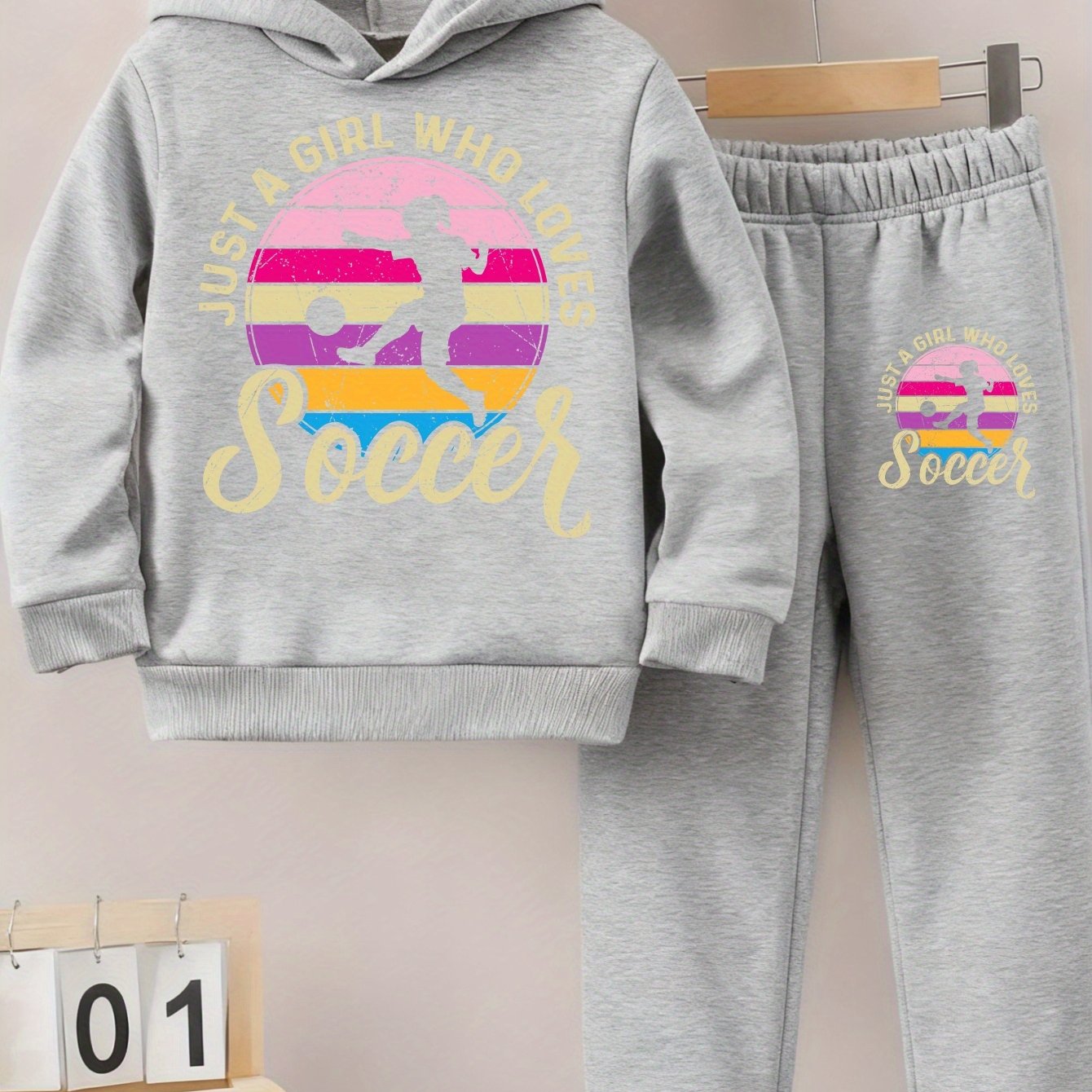 Girls Hoodie and Pants Set - Soccer Graphic Outfit with Hood, Long Sleeve Matching Tracksuit, Soft Pink & Black Soccer Print, Warm Casual Sportswear for Soccer Practice, Games, Casual Attire - Girls' Athletic Clothing, for Ou