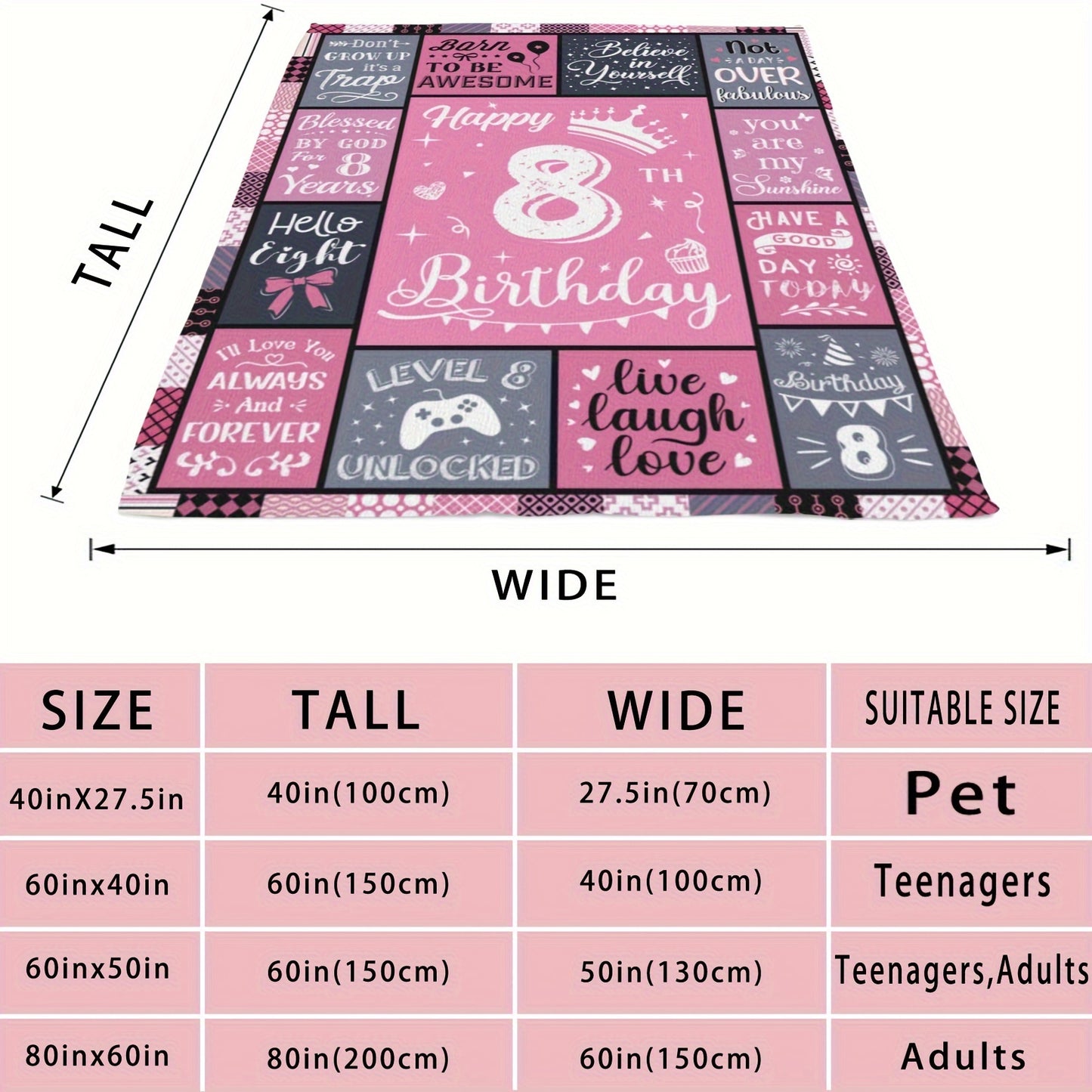 8th Birthday Blanket - Cute & Cozy Flannel Throw with Number 8 & Birthday Phrases, Pink & Girls/Boys Bedding for Pet Beds & Teen Girls/Boys, 280gsm All-Season Soft Gift for 8 Year Olds, Machine Washable Birthday Party Decor