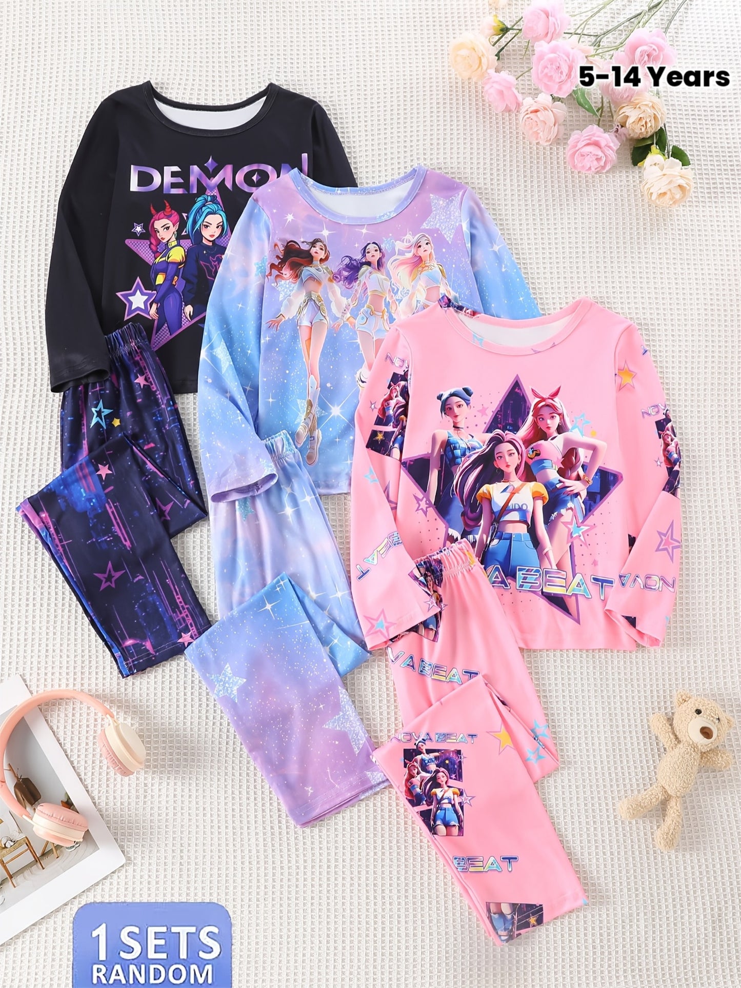 Girls Kpop Style Print Home Wear Set Crew Neck Short Sleeve T Shirt And Shorts