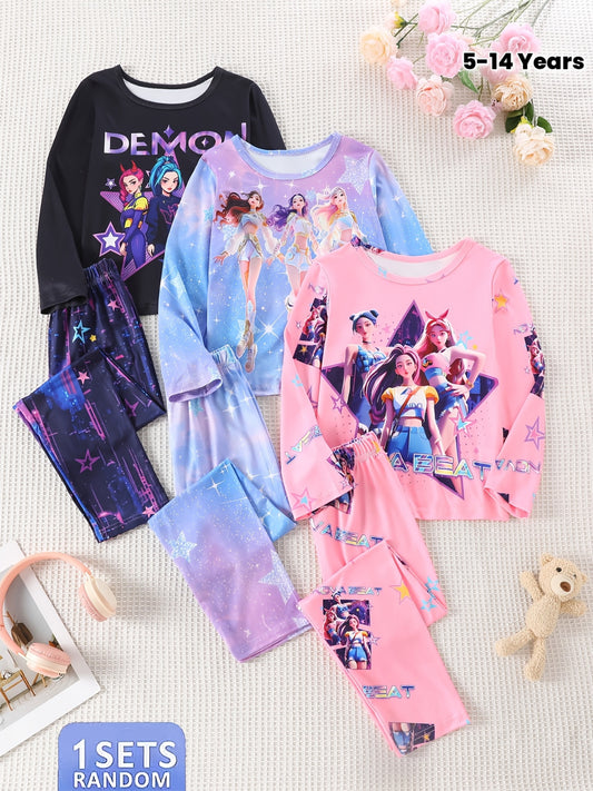 Girls Kpop Style Print Home Wear Set Crew Neck Short Sleeve T Shirt And Shorts