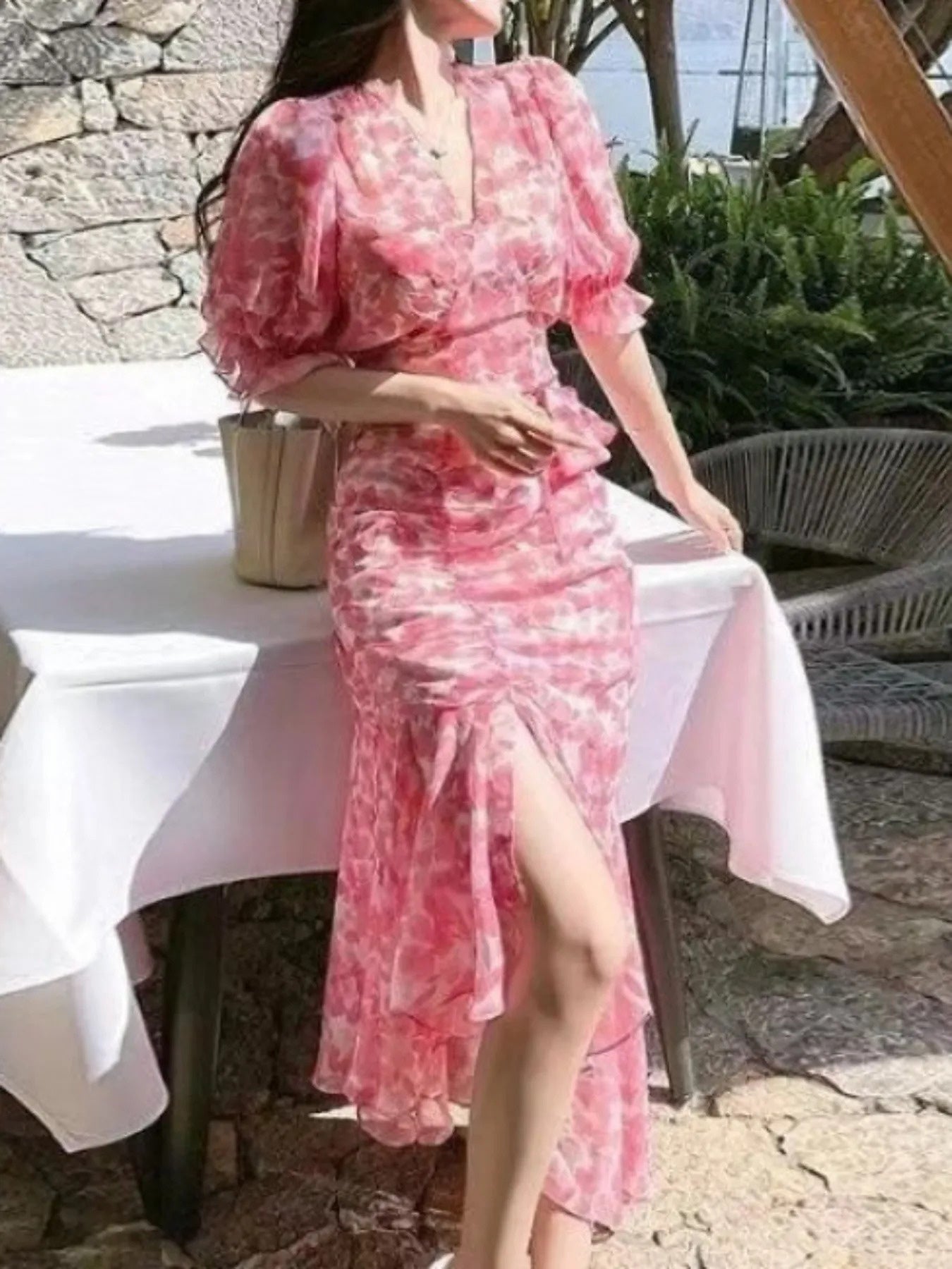 Women'S Floral Dress Irregular Hem Bodycon | Long Sleeve, V-neck, Ditsy Floral Pattern, Split Detail, Casual Summer Style by SCACTO