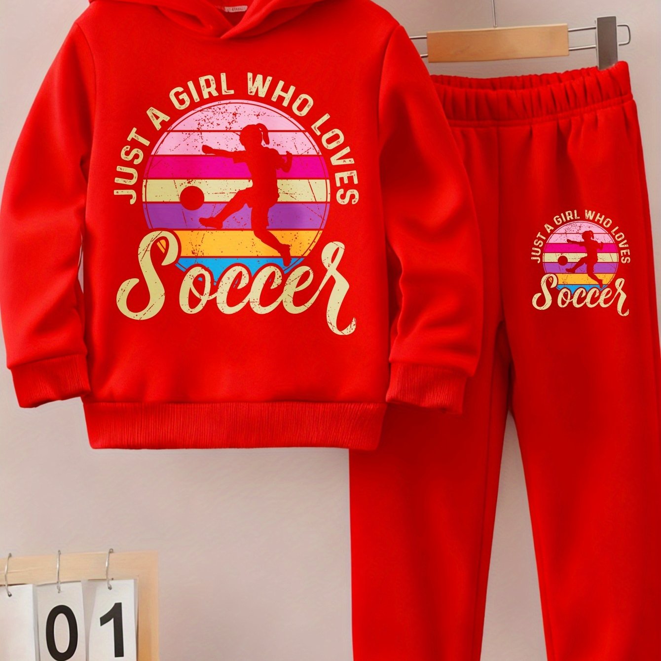 Girls Hoodie and Pants Set - Soccer Graphic Outfit with Hood, Long Sleeve Matching Tracksuit, Soft Pink & Black Soccer Print, Warm Casual Sportswear for Soccer Practice, Games, Casual Attire - Girls' Athletic Clothing, for Ou