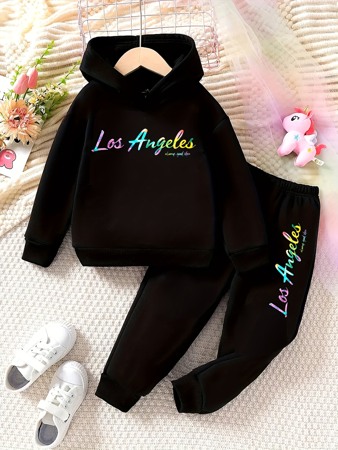 Toddler Girl Love Bear Print Hoodie Set, Autumn/ Winter, for Outdoor