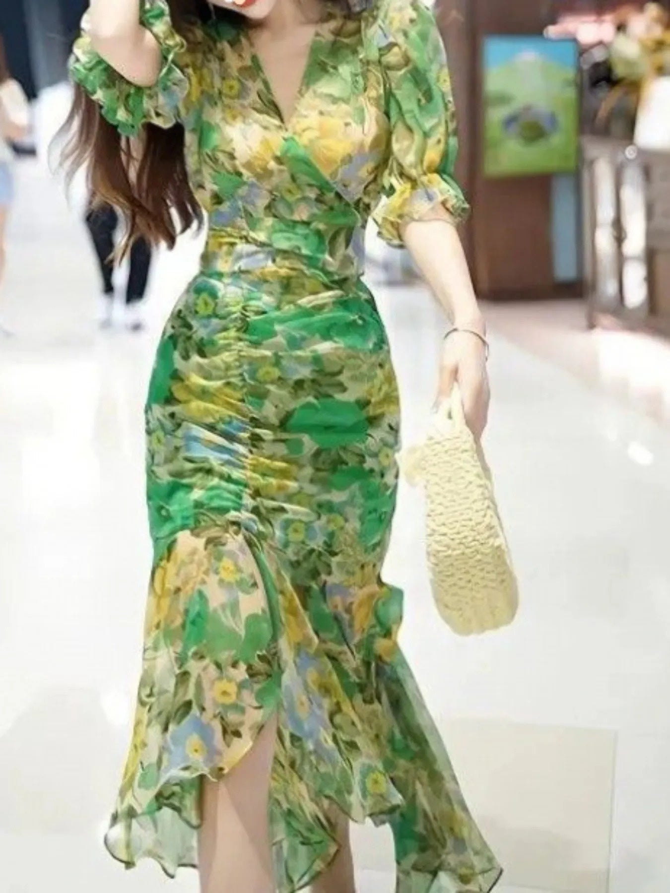 Women'S Floral Dress Irregular Hem Bodycon | Long Sleeve, V-neck, Ditsy Floral Pattern, Split Detail, Casual Summer Style by SCACTO