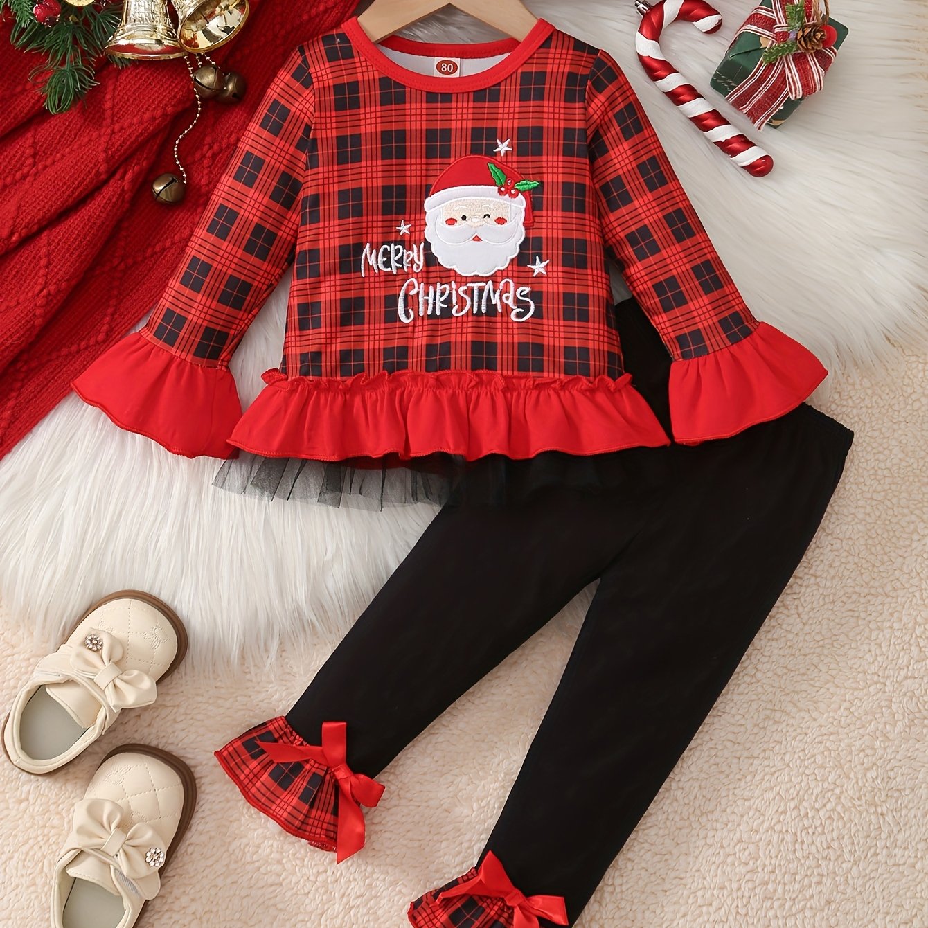 2pcs Baby 's Christmas Outfit Set - Red & Black Plaid Ruffled Sleeve Dress with Flared Bell-Bottoms & Bow Trim, Santa Claus Letter Embellished Top & Elastic Waist Pants for / (Machine Washable Holiday Party Costume), Perfect