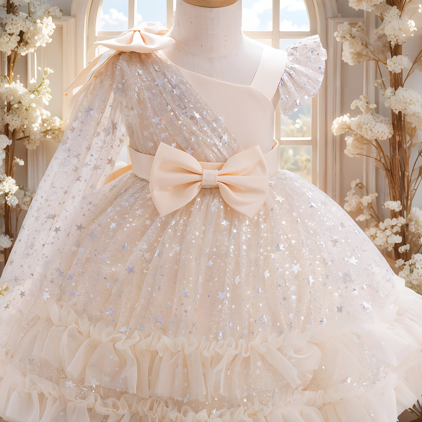 1st Birthday Girl Dress with Detachable Cape & Starry Tutu - Mint Green Sparkling Princess Party Gown, Soft Breathable Baby Girl for Weddings, Photo Shoots & Celebration Outfit (Short Sleeves, Belt)