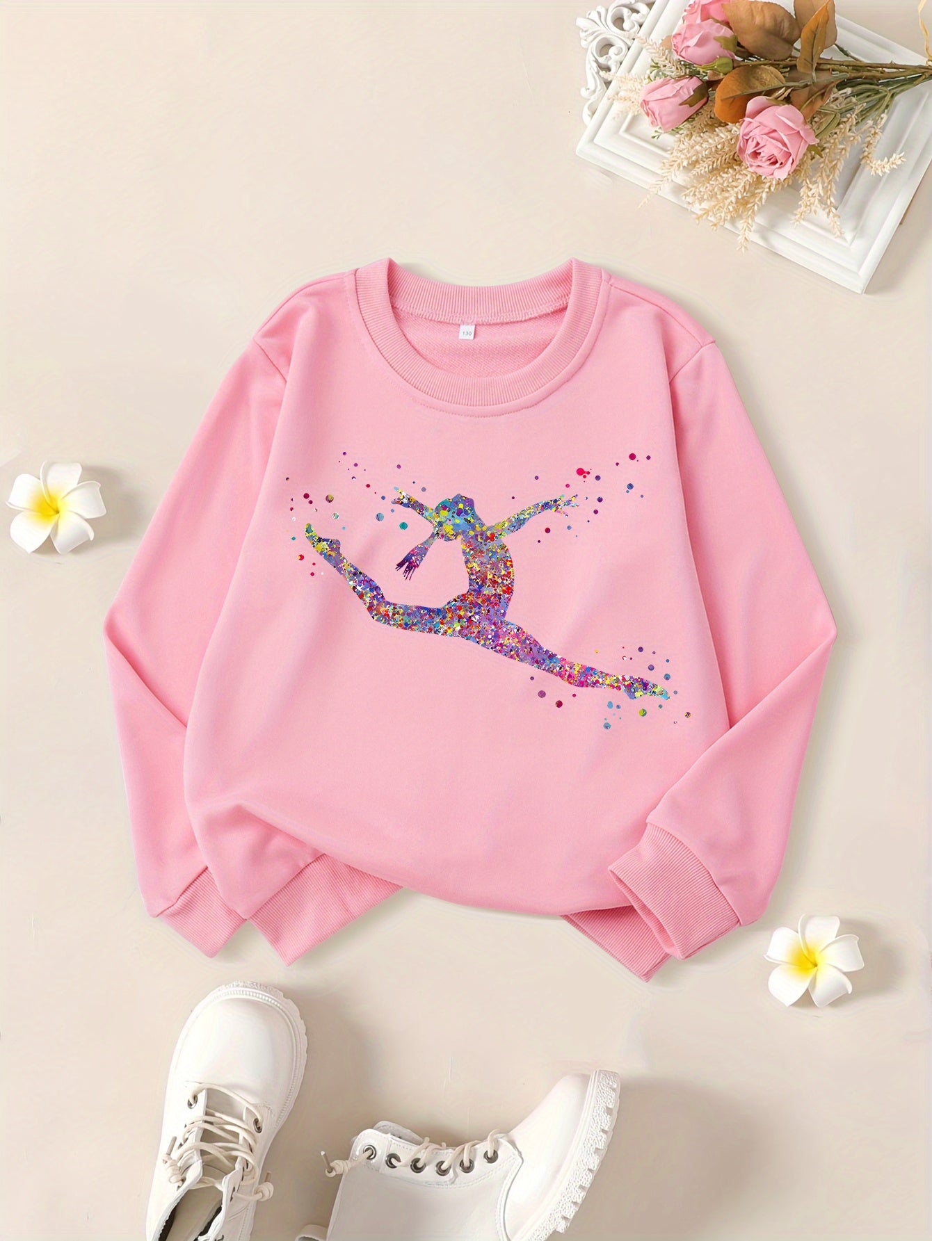 Girls' "Watercolor Gymnastics Girl" Graphic Print Sweatshirt - Black Long Sleeve Crew Neck Casual Top with Colorful Dancer Design, Perfect for Fall & Winter Wear, Gymnastics Apparel | Playful Graphic Sweatshirt | Comfortable
