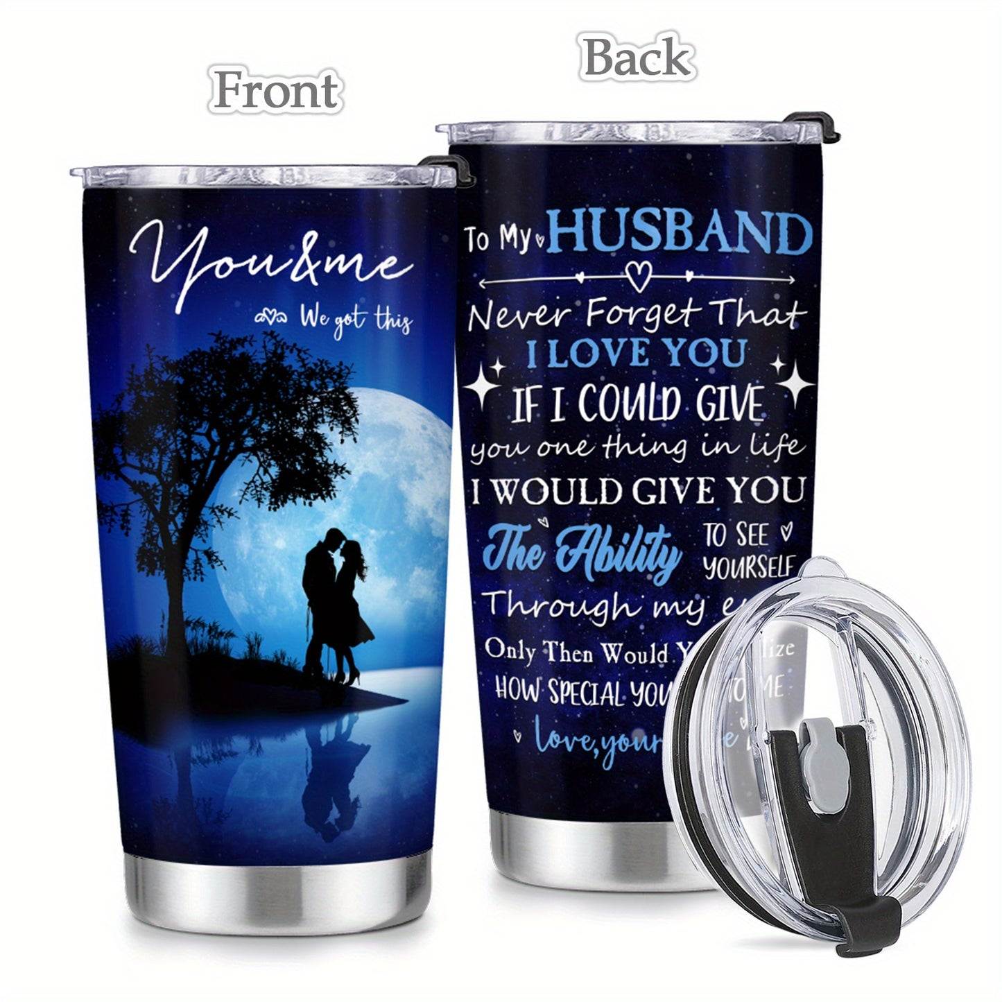 Foloda 20oz Insulated Husband Tumbler from Wife - Romantic "Never Forget I Love You" Travel Mug with Leak-Proof Lid, Moonlit Couple Design & Heartfelt Quotes - Valentine's Day, Christmas, Birthday Gifts for Him