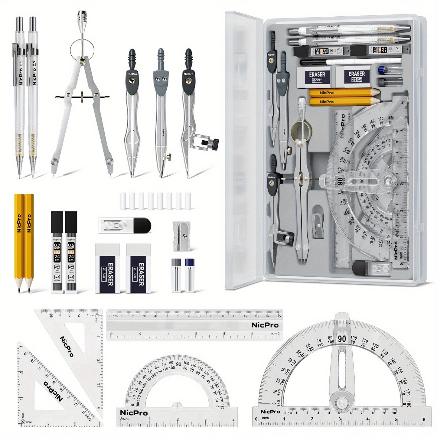 21 Piece Geometry Set With Rotating Protractor And Compasses For Students Architects Engineers Artists Durable Precision