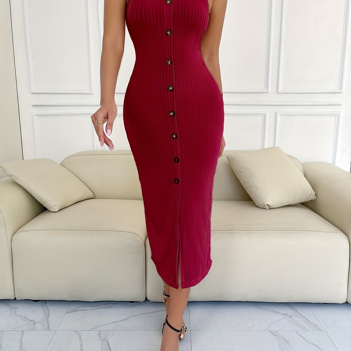 Women's Vintage Wine Red Ribbed Dress - Button-Front Slit Bodycon Midi Pencil Dress, Round Neck Short step for Date Night, Party Wedding Guest, Spring Summer Elegant Outfits (Machine Washable)