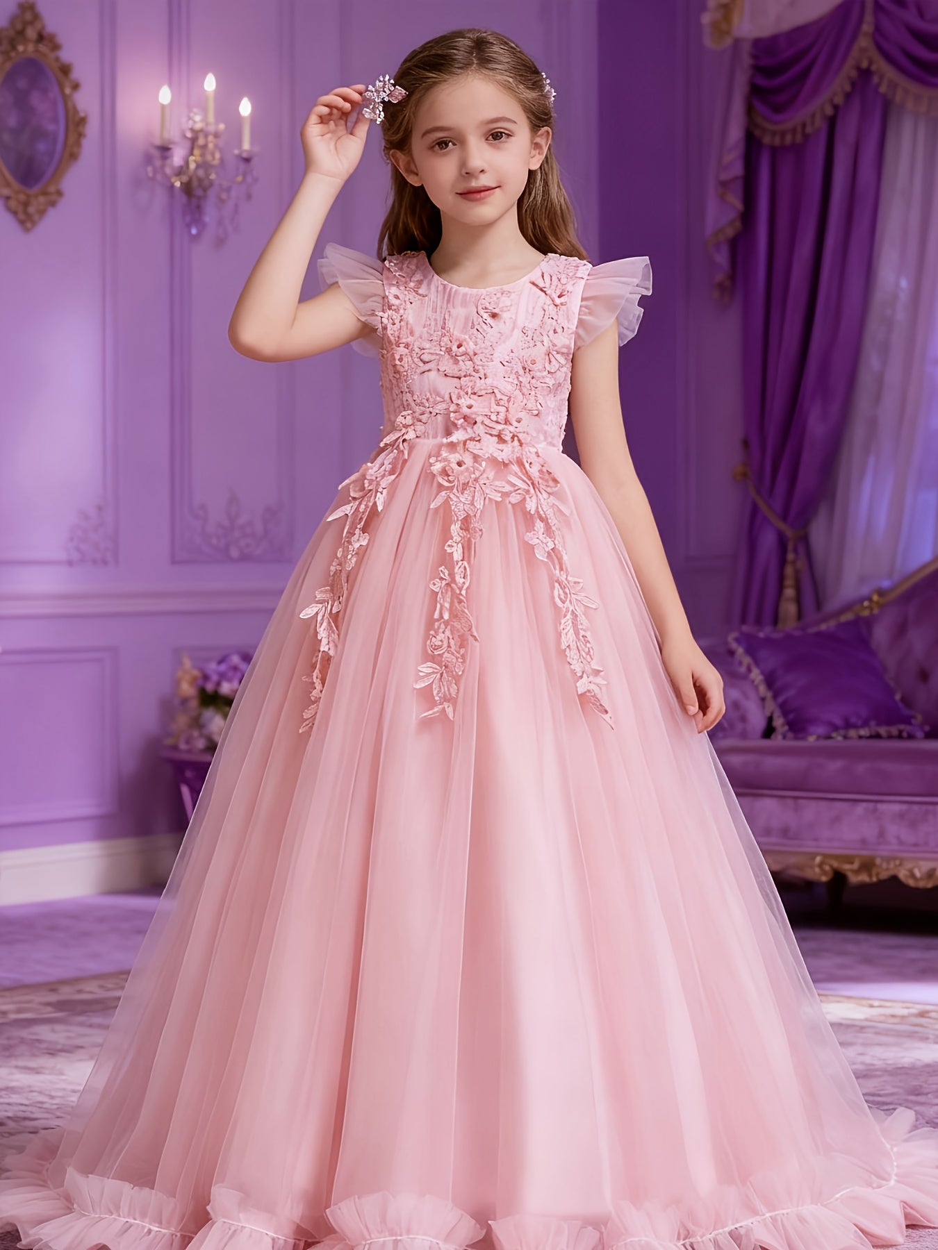 2025 New Arrival Girls Princess Style Tulle Gown With 3D Floral Bodice And Large Ballgown Skirt For Weddings And Parties