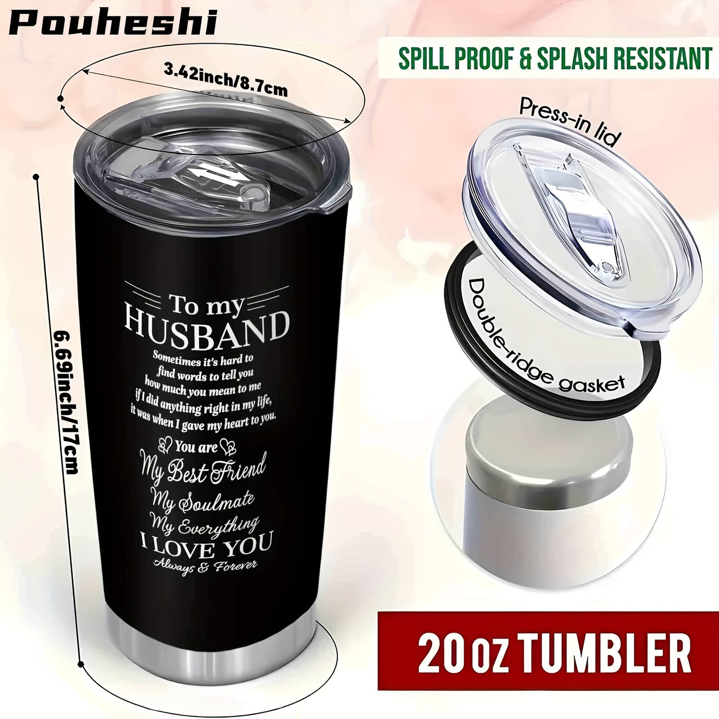 1pc 20oz Stainless Steel "to My Husband" Insulated Water Bottle with Sliding Lid & Straw - Double-Wall Vacuum Insulation, Leak-Proof, -Slip Grip, Message Engravable - Reusable Gift for Husband, Christmas, Anniversary, Valenti