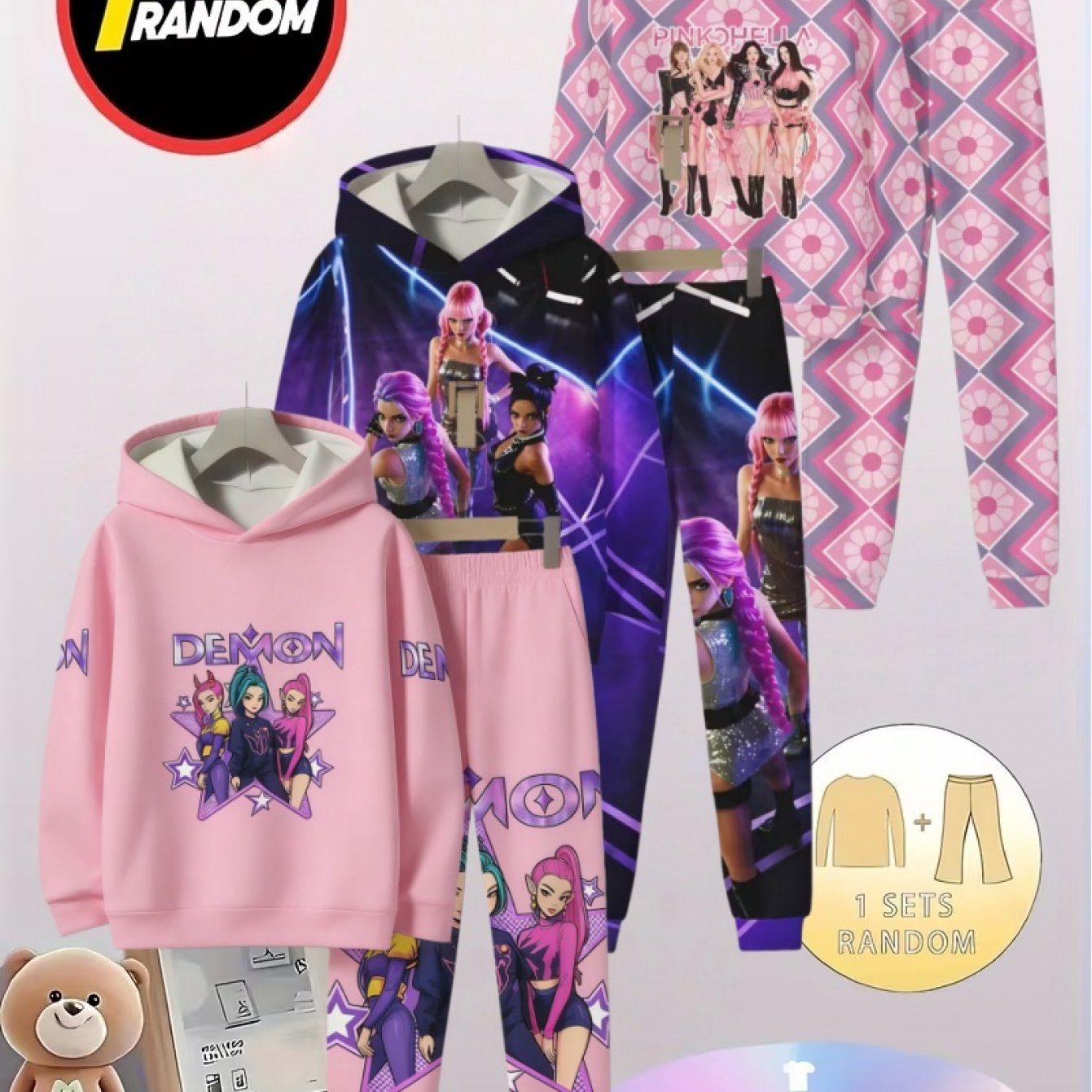 Girls Hoodie And Pants Set With Kpop Prints Comfortable Polyester Elastane Fabric Hooded Tracksuit For Festivals